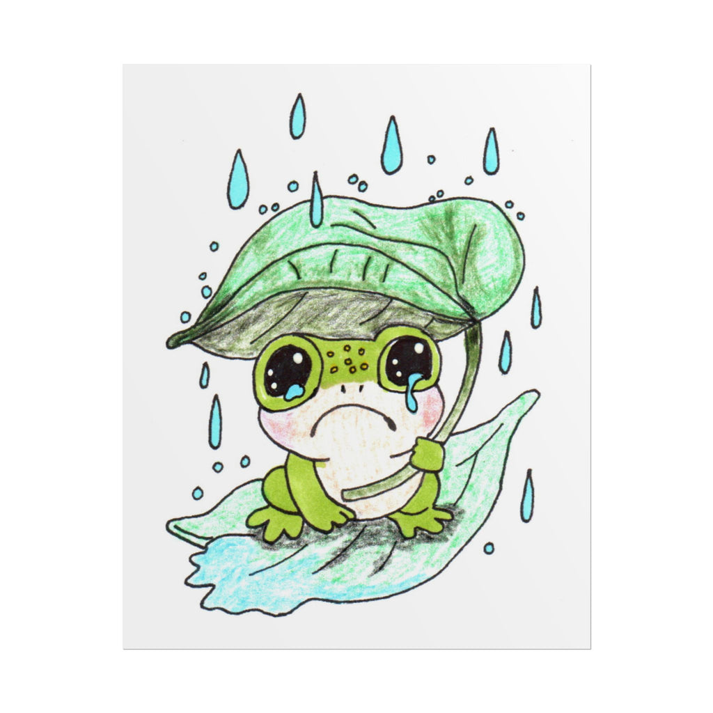 Sad Frog with Leaf Umbrella Print, Hand Drawn Frog Wall Art, Rainy Day Nursery Decor, Whimsical Frog Illustration