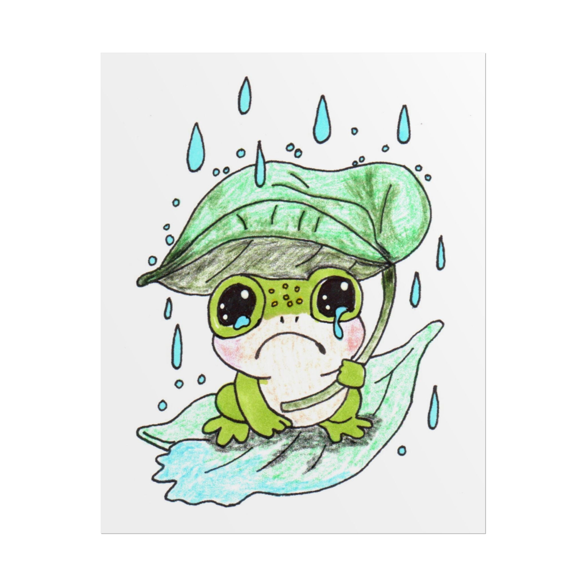 Sad Frog with Leaf Umbrella Print, Hand Drawn Frog Wall Art, Rainy Day Nursery Decor, Whimsical Frog Illustration