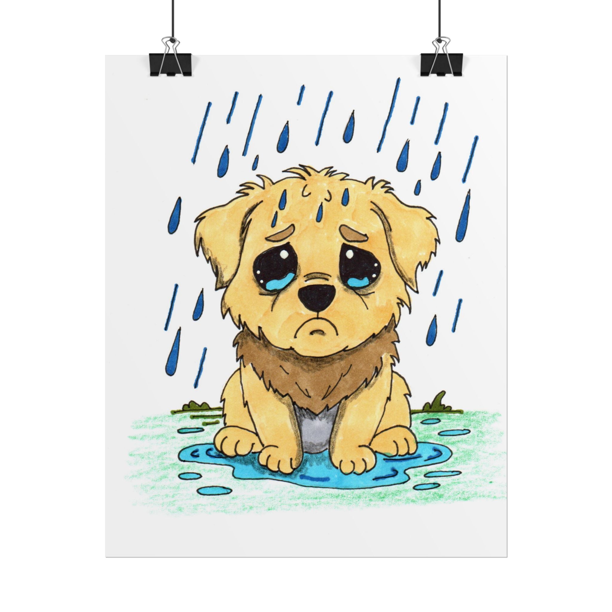 Sad Puppy in the Rain Art Print | Hand Drawn Puppy Wall Decor | Emotional Animal Artwork | Lost & Found Critter Poster