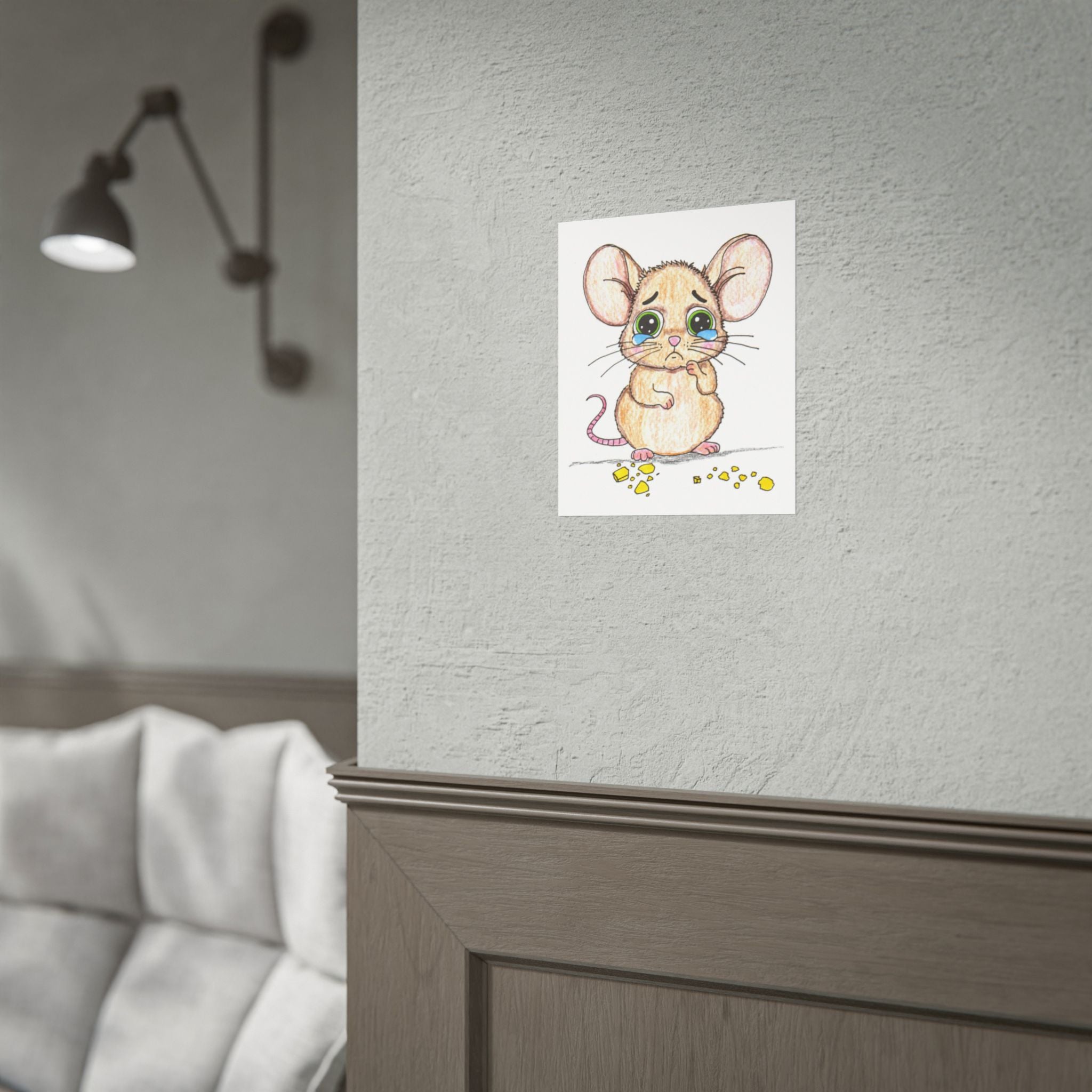 Mouse Looking for Cheese - Cute Mouse Wall Art Print - Hand Colored Nursery Decor - Children's Room Artwork