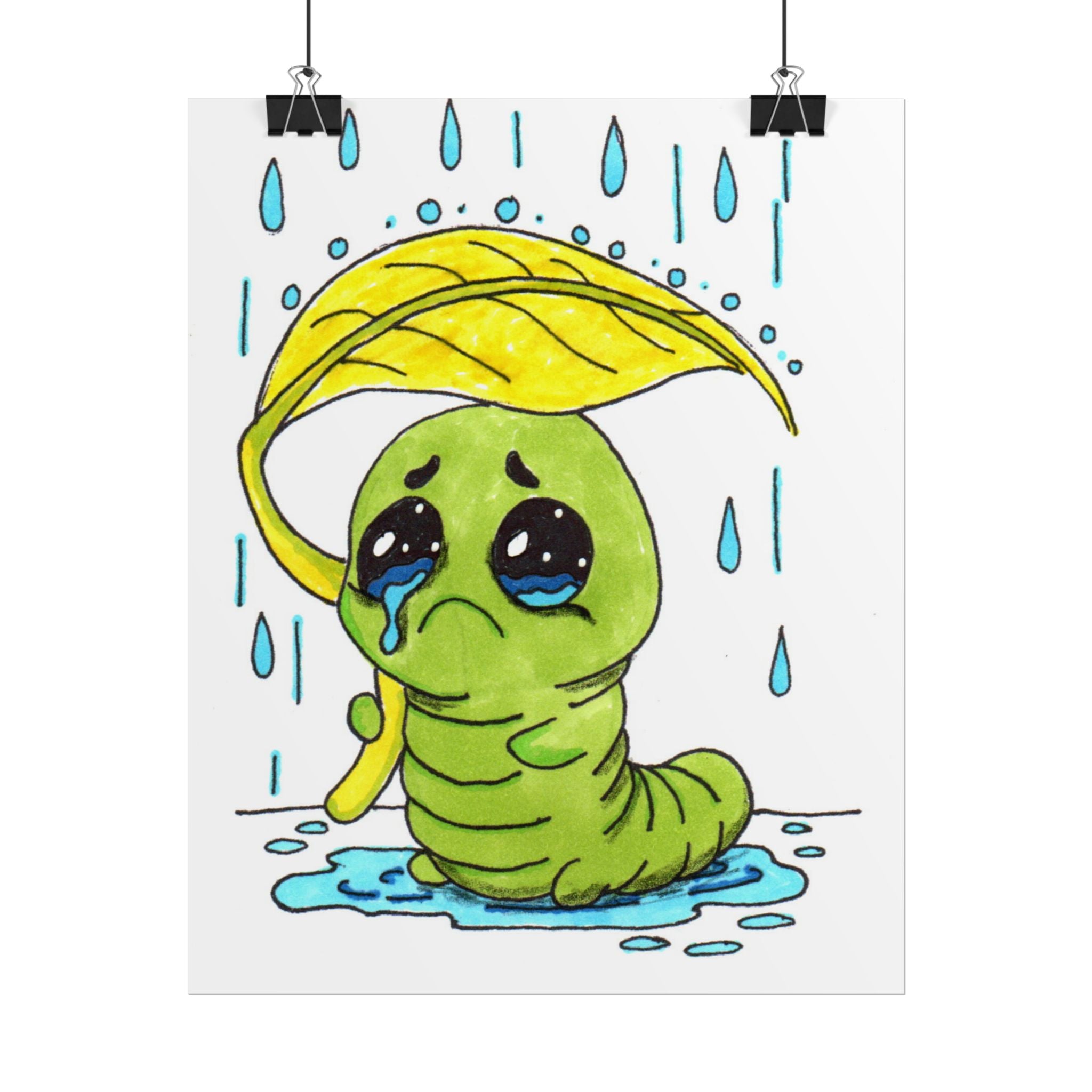 Sad Inchworm Rain Print, Hand Drawn Caterpillar Nursery Wall Art
