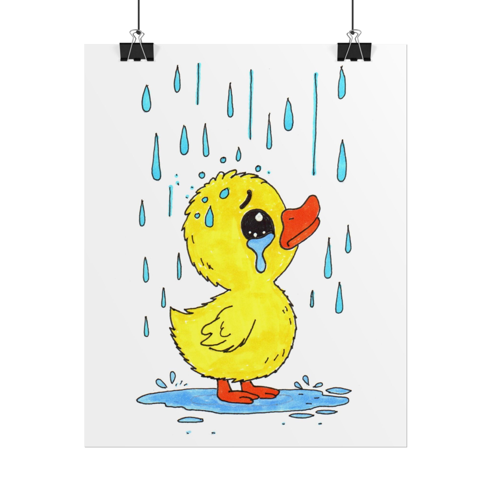 Duckling in the Rain Print, Sad Duck Wall Art, Hand Drawn Duckling Illustration, Rainy Day Nursery Decor, Whimsical Animal Art