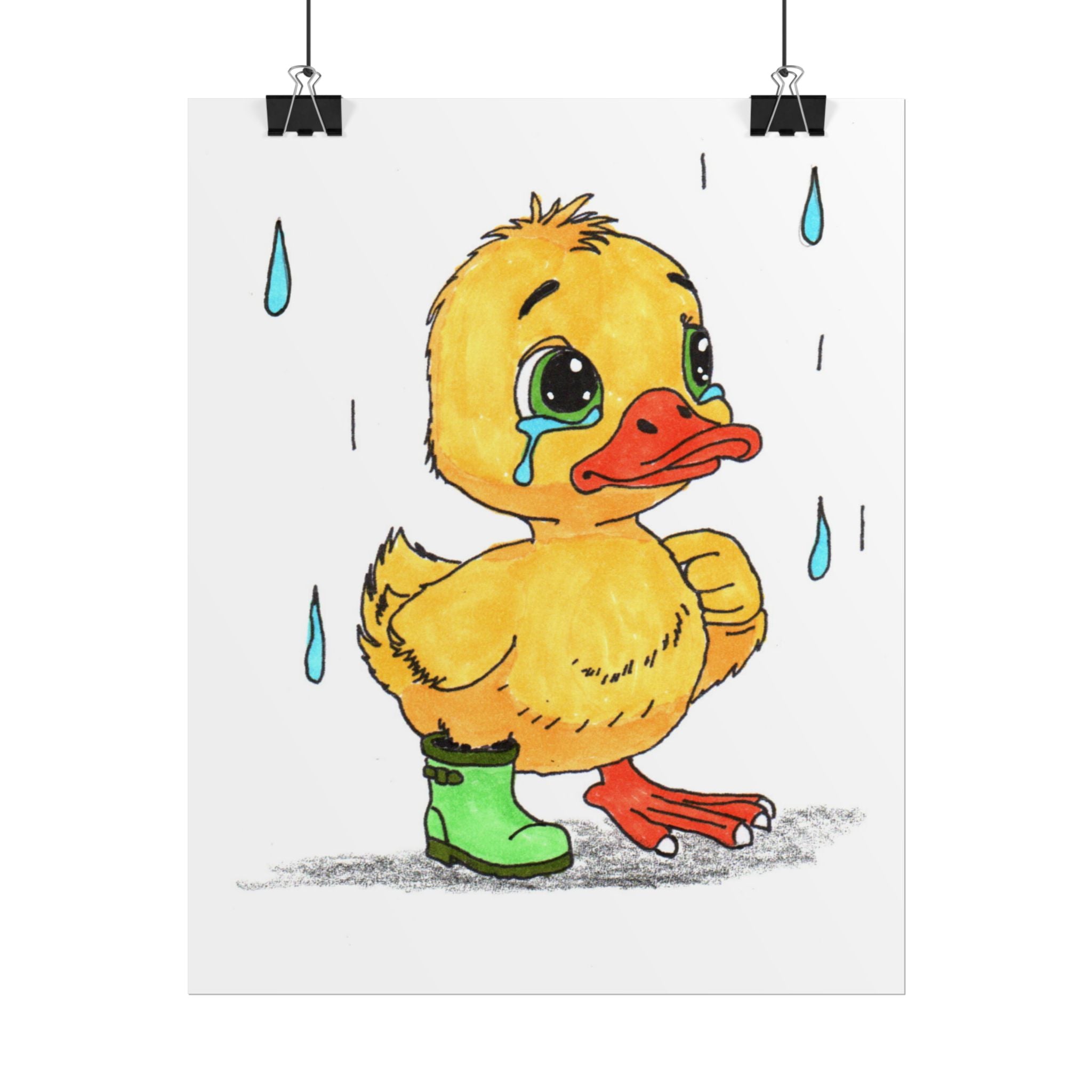 Sad Duck Lost Her Rain Boot Print, Hand Drawn Duckling Wall Art, Nursery Decor, Woodland Critter Illustration