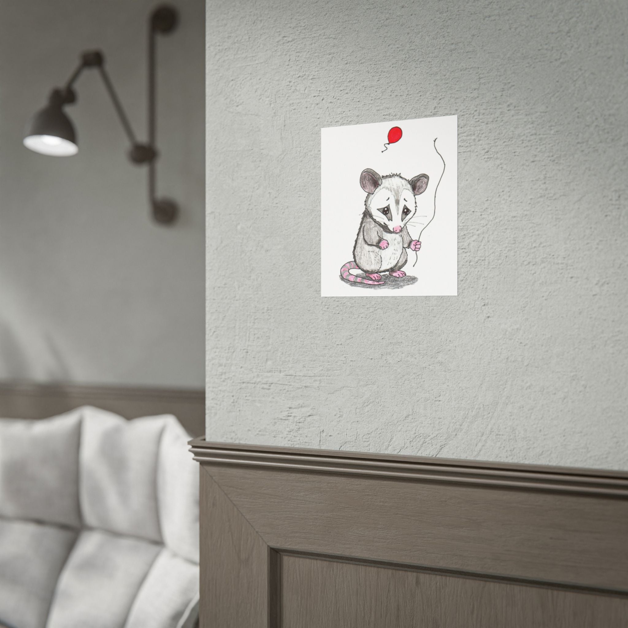 Opossum Lost Her Balloon Print | Hand Drawn Woodland Animal Wall Art