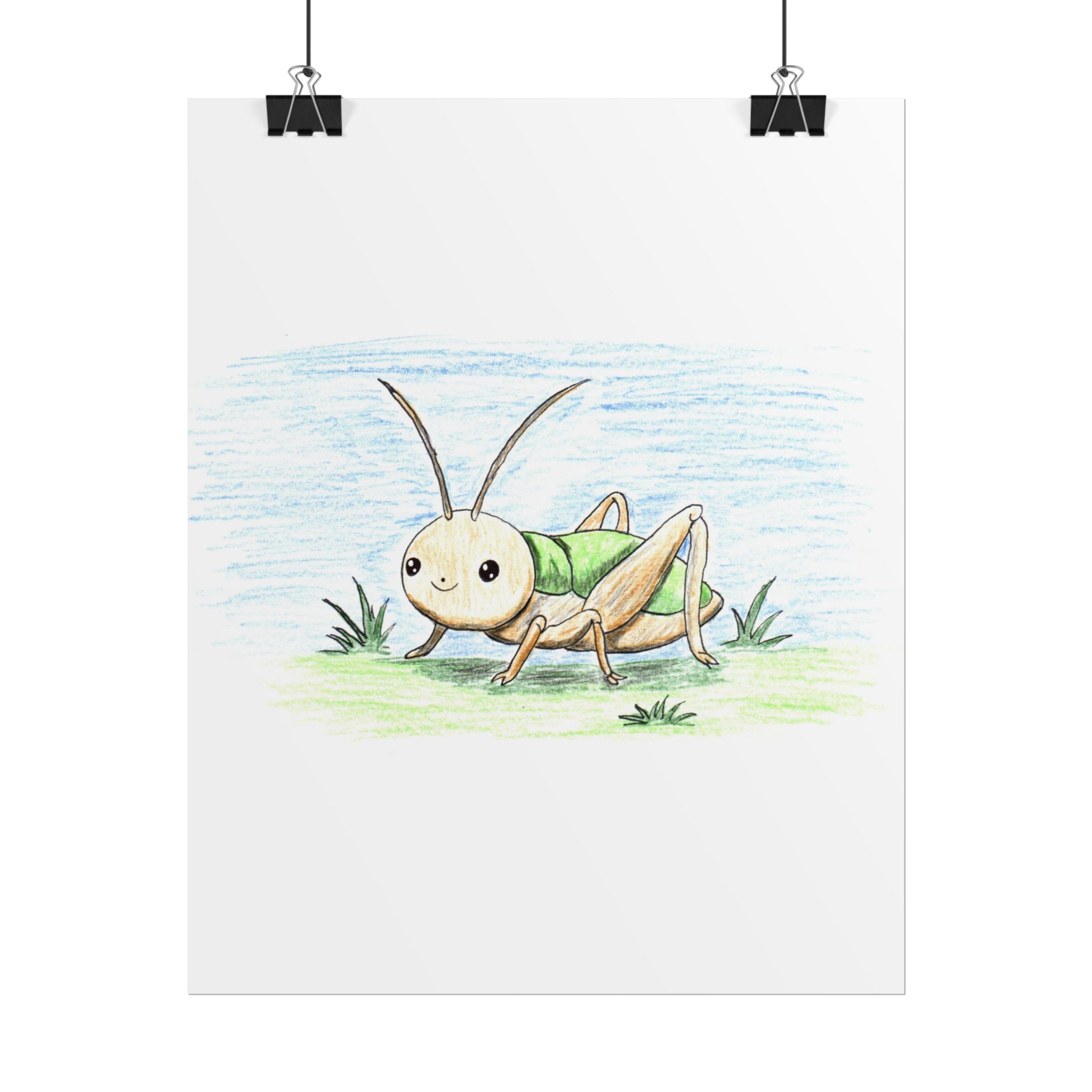 Smiling Cricket in Field Print, Hand Drawn Cricket Wall Art, Nature Nursery Decor, Whimsical Cricket Artwork, 8x10 Print