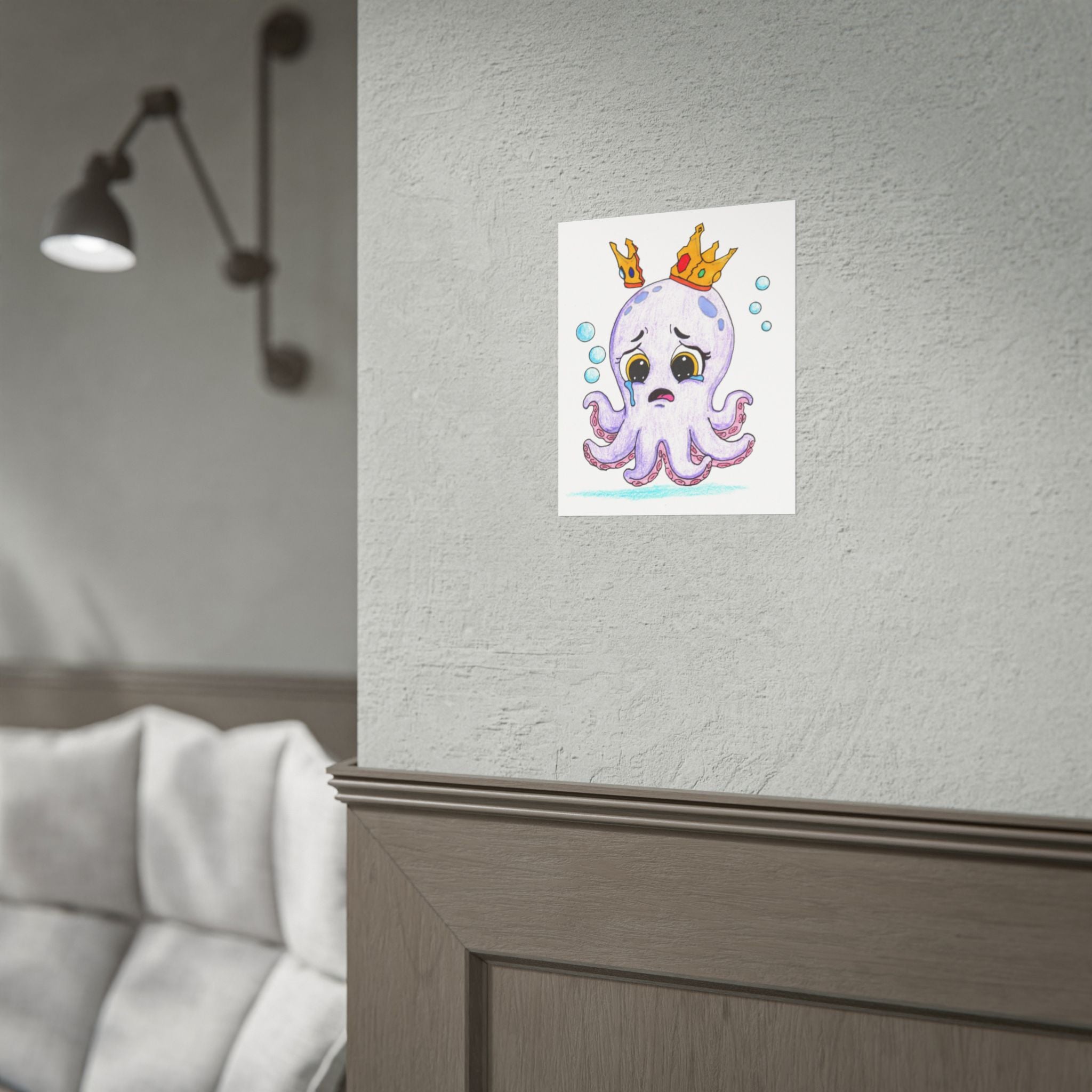 Sad Octopus Wall Art Print, Lost Her Crown, Cute Purple Octopus