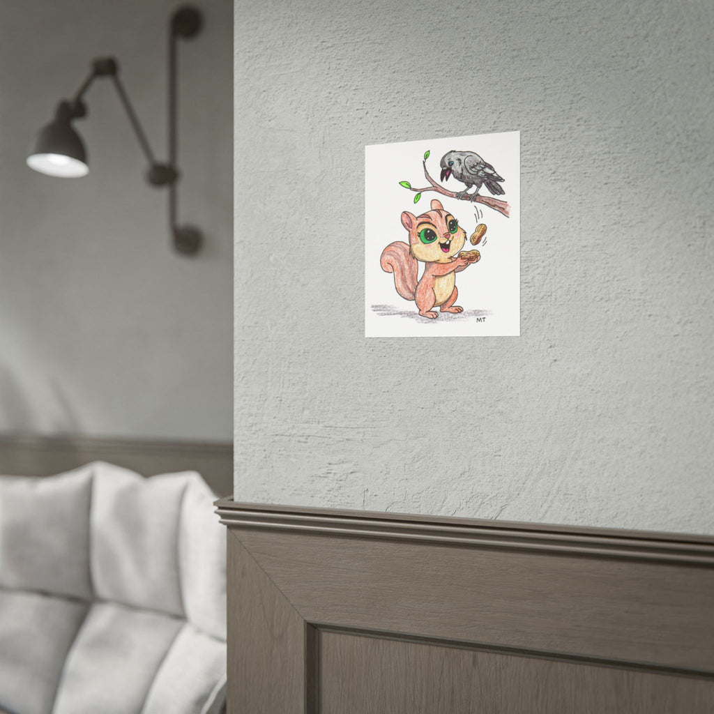 Happy Chipmunk and Crow Peanut Print | Woodland Animal Wall Art