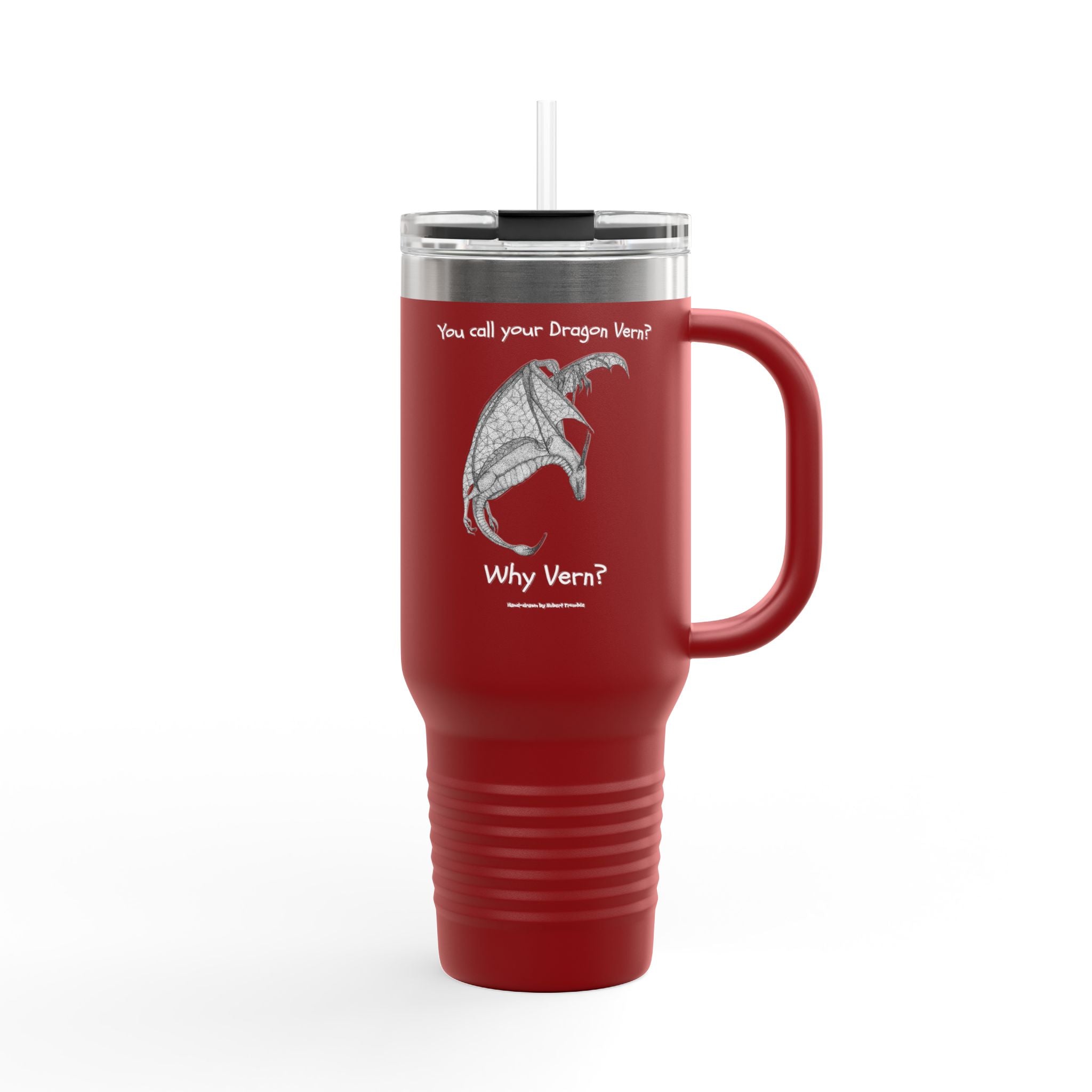 Wyvern Travel Mug | “You Call Your Dragon Vern?” | Hand-Drawn Fantasy Art by Robert Trumble