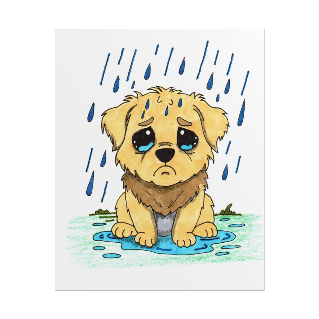 Sad Puppy in the Rain Art Print | Hand Drawn Puppy Wall Decor | Emotional Animal Artwork | Lost & Found Critter Poster
