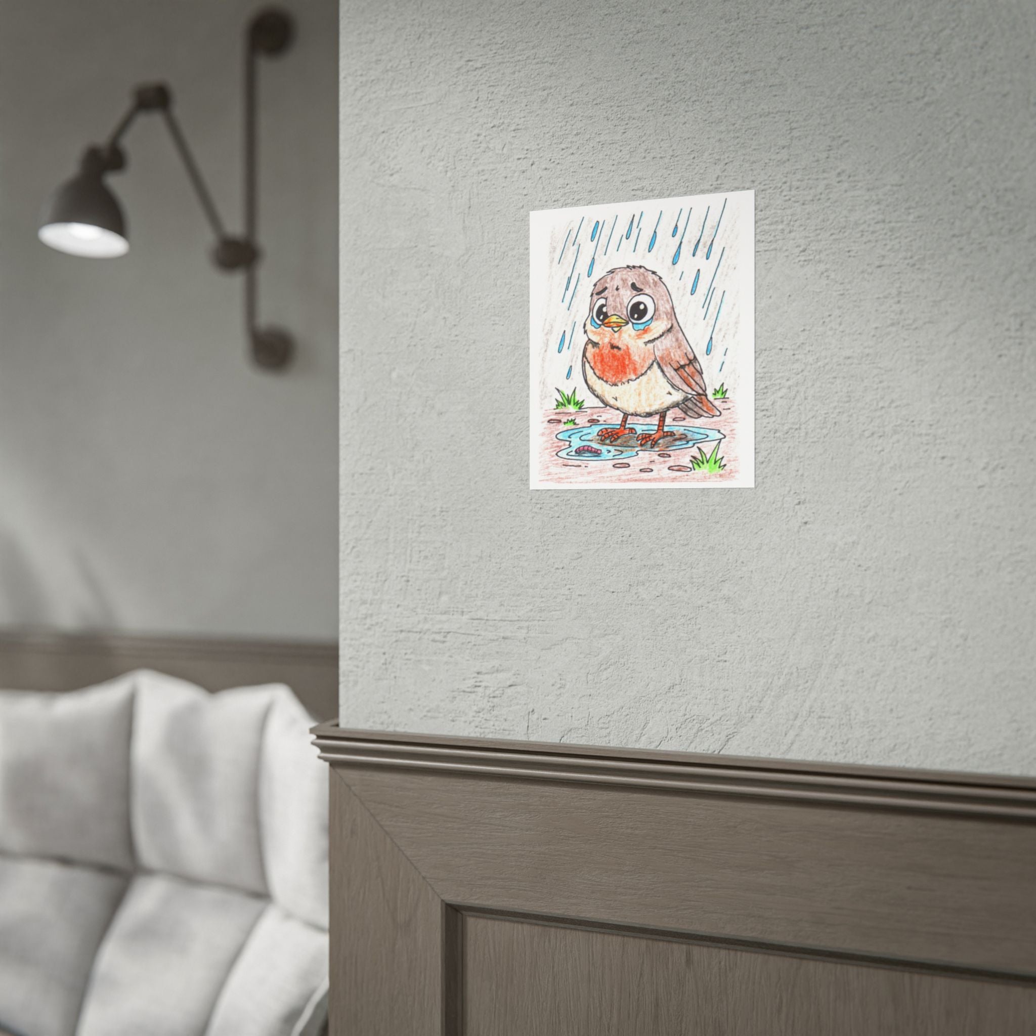 Robin in the Rain Print, Hand Drawn Bird Wall Art, Sad Robin Illustration, Woodland Bird Decor, Nature Nursery Art