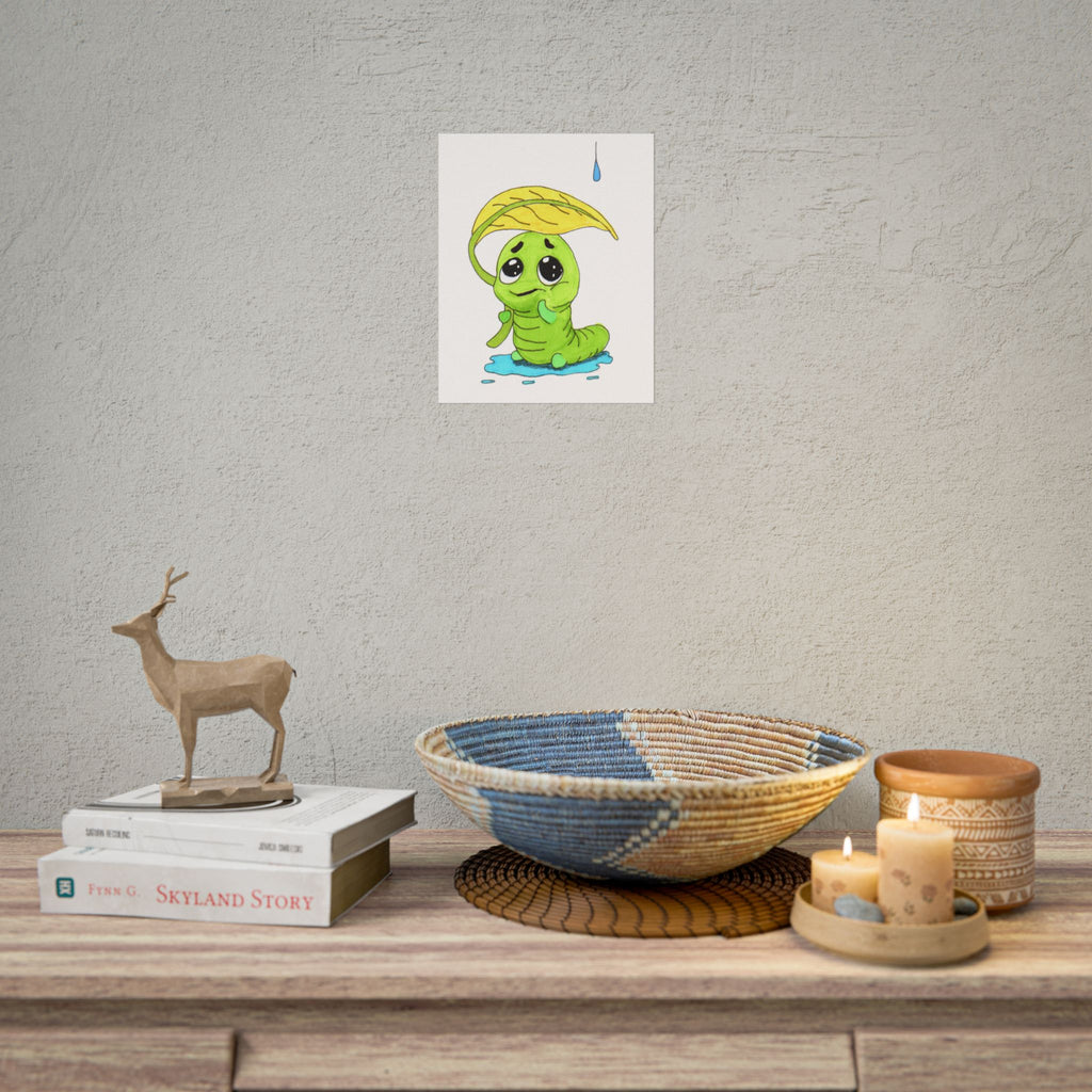 Leaf Umbrella Inchworm Pondering Print, Hand Drawn Rain Critter Art,