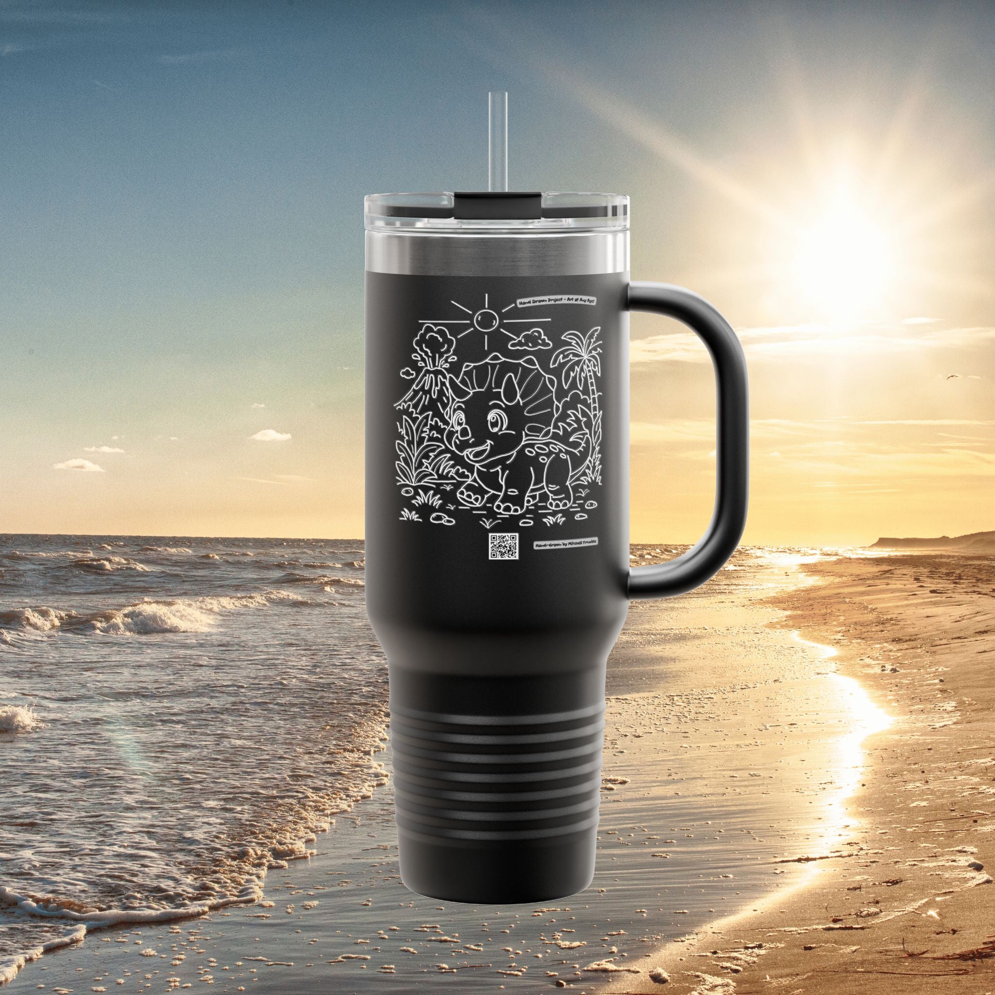 Triceratops Travel Mug | Hand-Drawn Dinosaur Art with QR Code | Fun Gift for Dino Fans