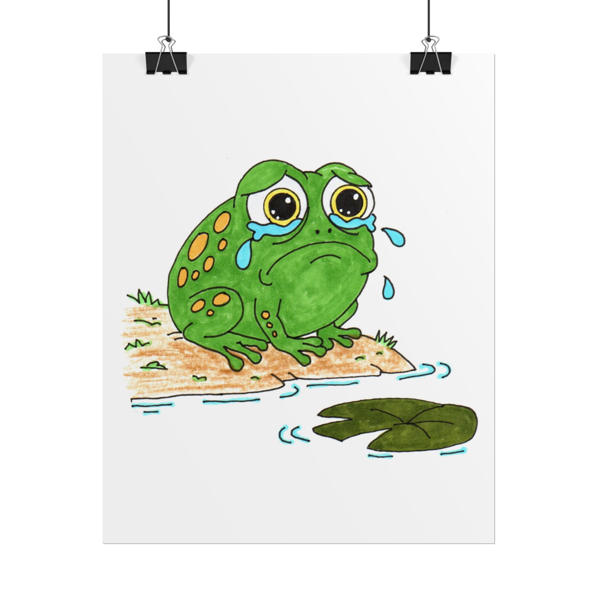 Lilly Pad Lost Frog Sad Wall Art - Hand Colored Sad Frog Illustration - Pond Animal Print - Nursery Decor - 8x10 Art Print