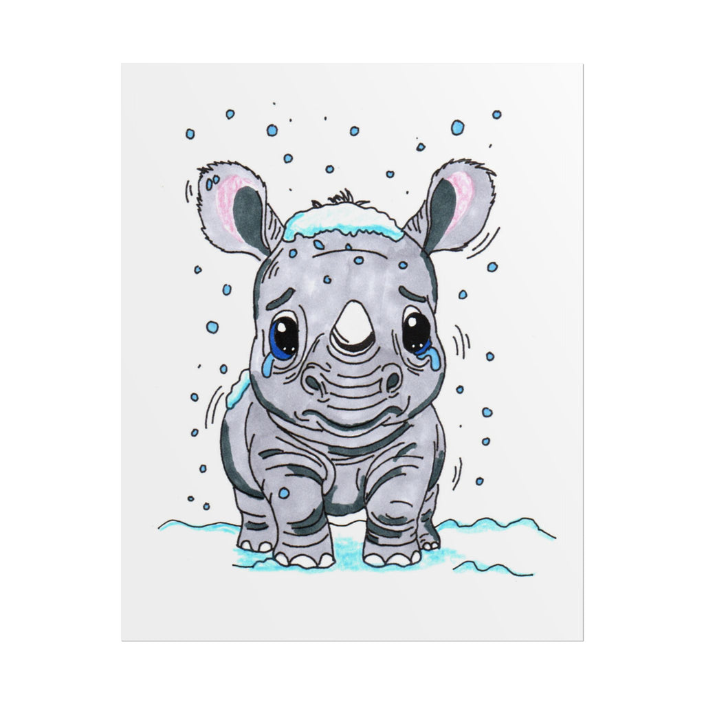 Sad Rhino in the Snow Poster, Nursery Wall Art, Cute Animal Illustration Print