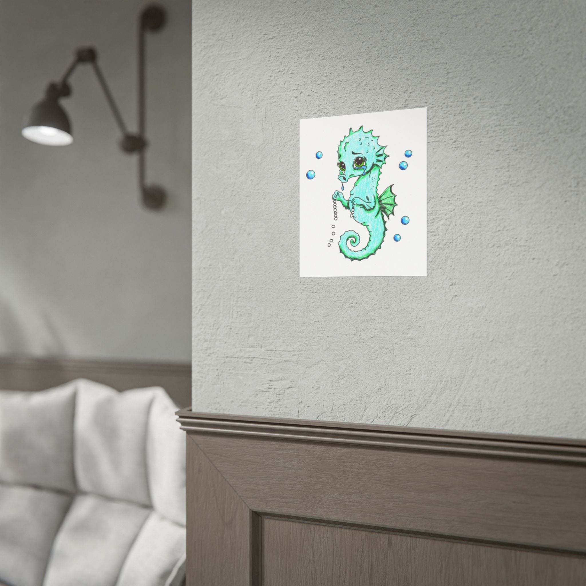 Lost Something Precious? Sad Seahorse Pearl Necklace Art Print | Cute Seahorse Gift