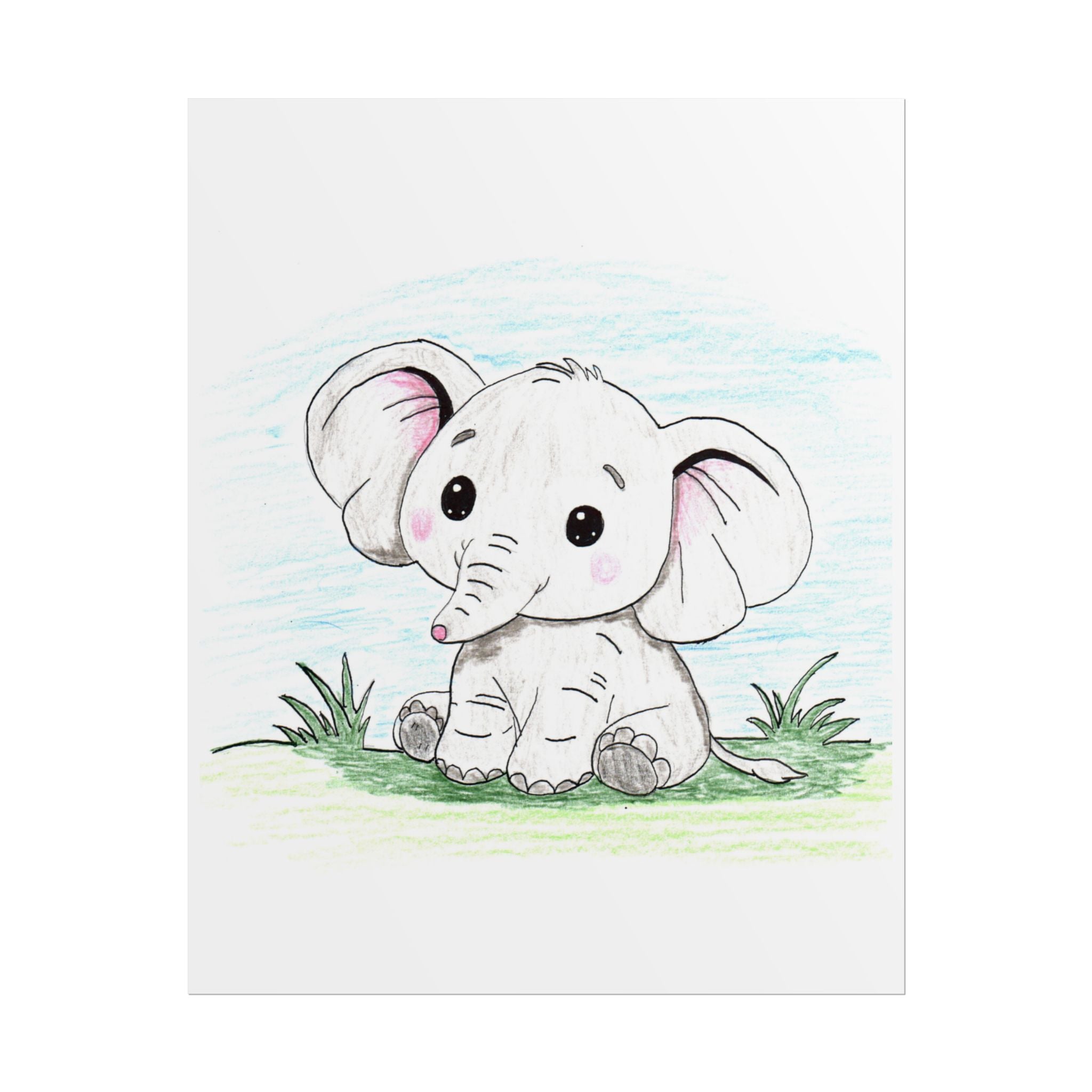 Elephant Sitting on the Grass Print, Cute Elephant Wall Art, Hand Drawn Nursery Decor