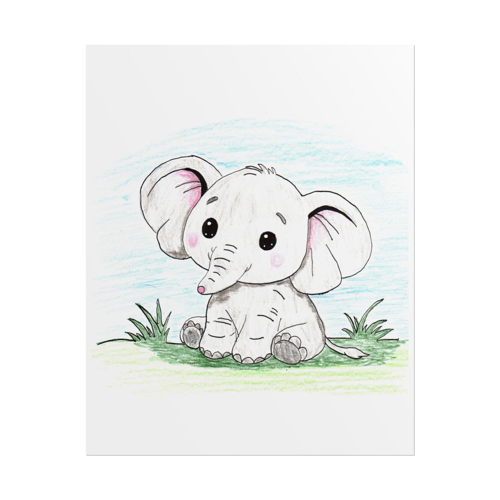 Elephant Sitting on the Grass Print, Cute Elephant Wall Art, Hand Drawn Nursery Decor