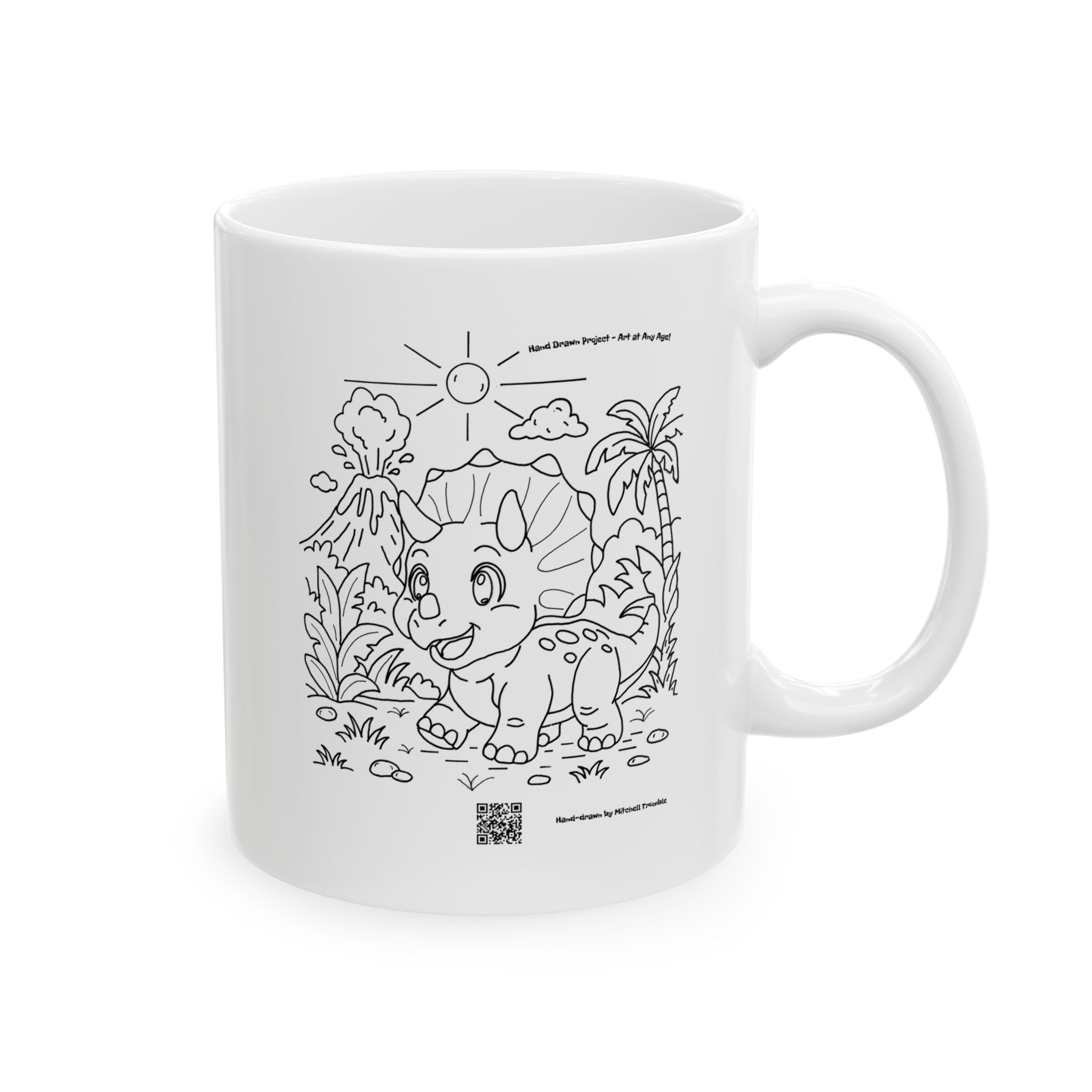 Triceratops Coffee Mug | Hand-Drawn Dinosaur Art with QR Code | Fun Gift for Dino Lovers