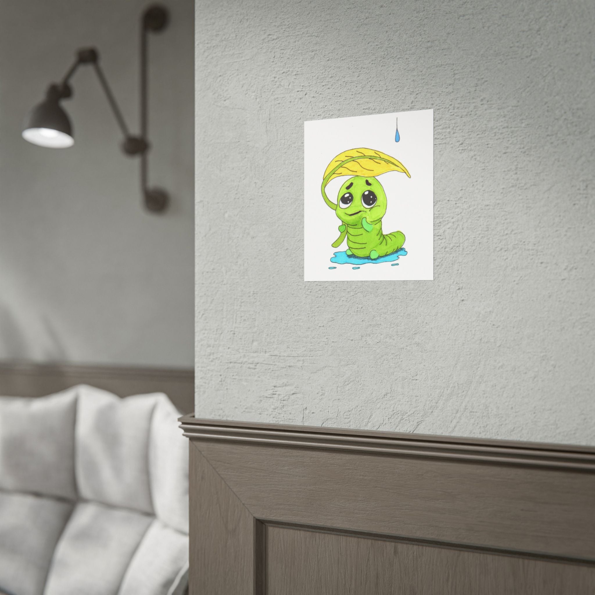 Leaf Umbrella Inchworm Pondering Print, Hand Drawn Rain Critter Art,