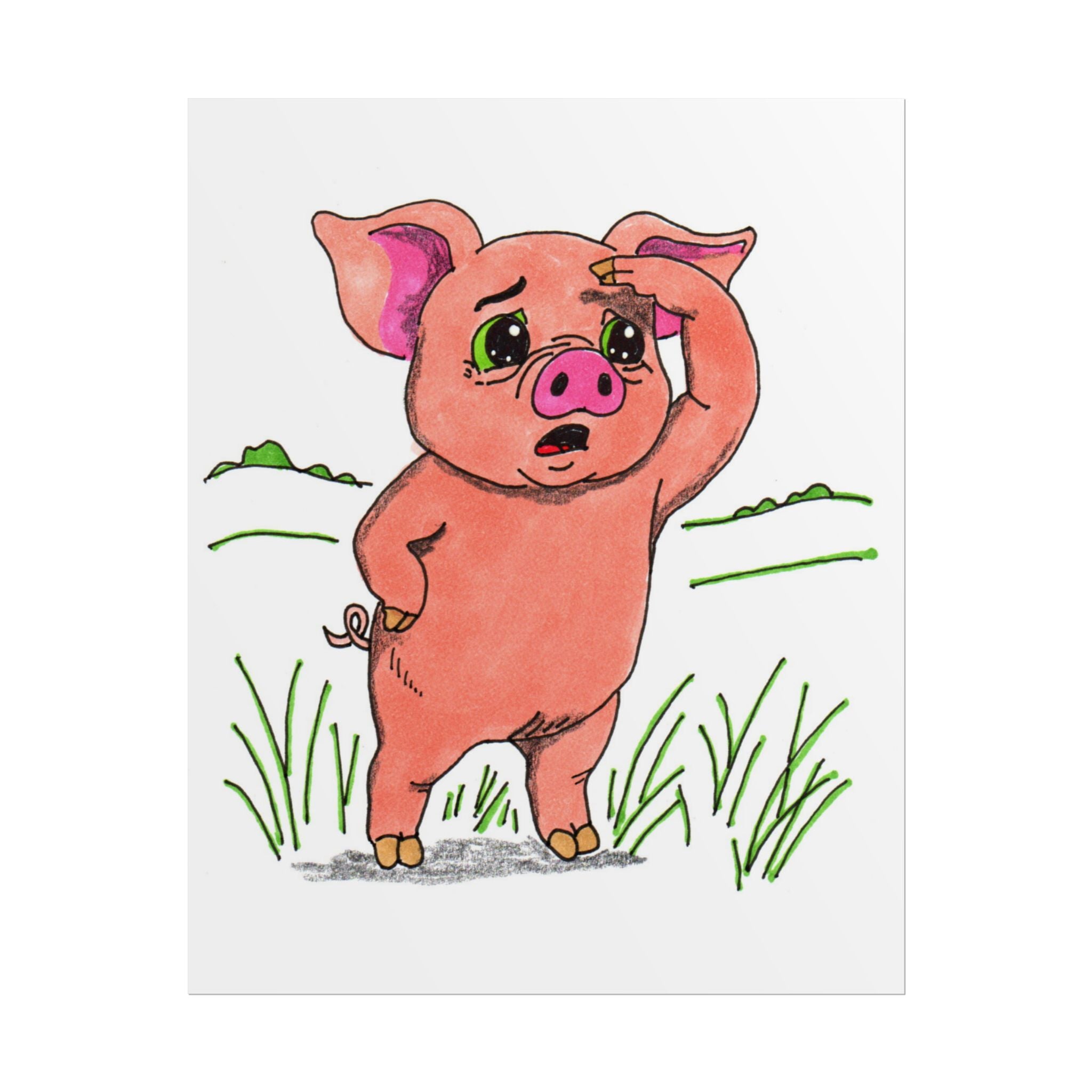 Hand Drawn Pig Looking for Mud Print, Cute Farm Animal Wall Art, Nursery Decor, Pig Illustration, 8x10 Children's Room Art