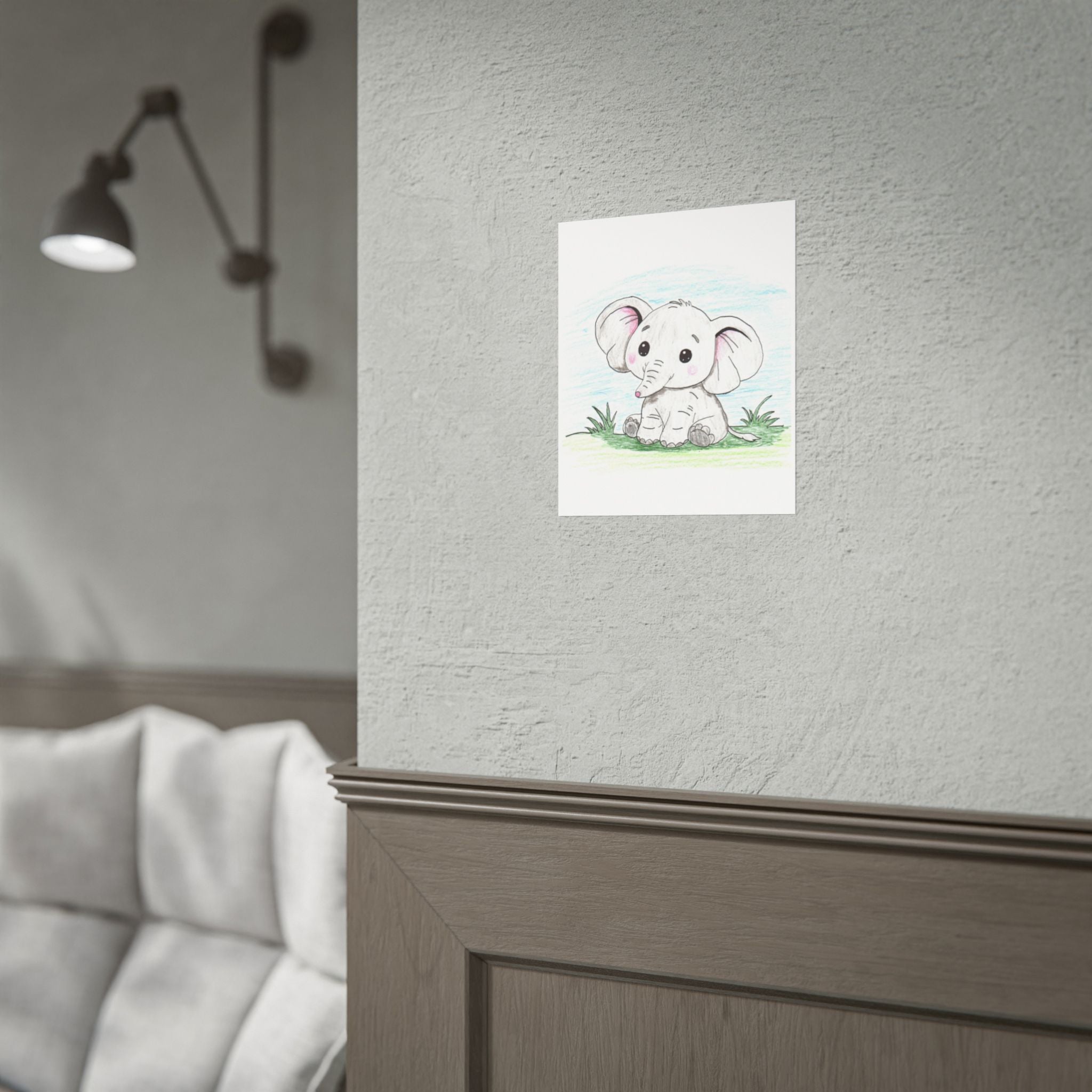 Elephant Sitting on the Grass Print, Cute Elephant Wall Art, Hand Drawn Nursery Decor