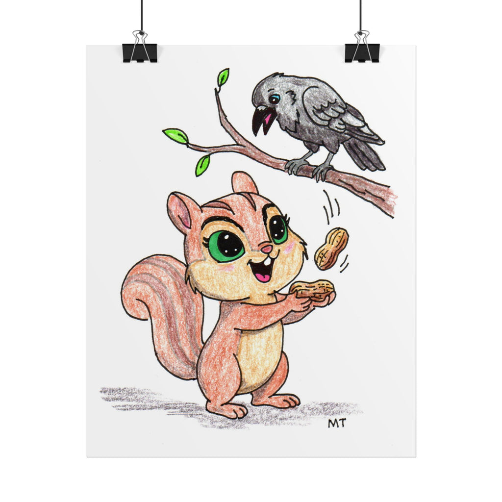 Happy Chipmunk and Crow Peanut Print | Woodland Animal Wall Art