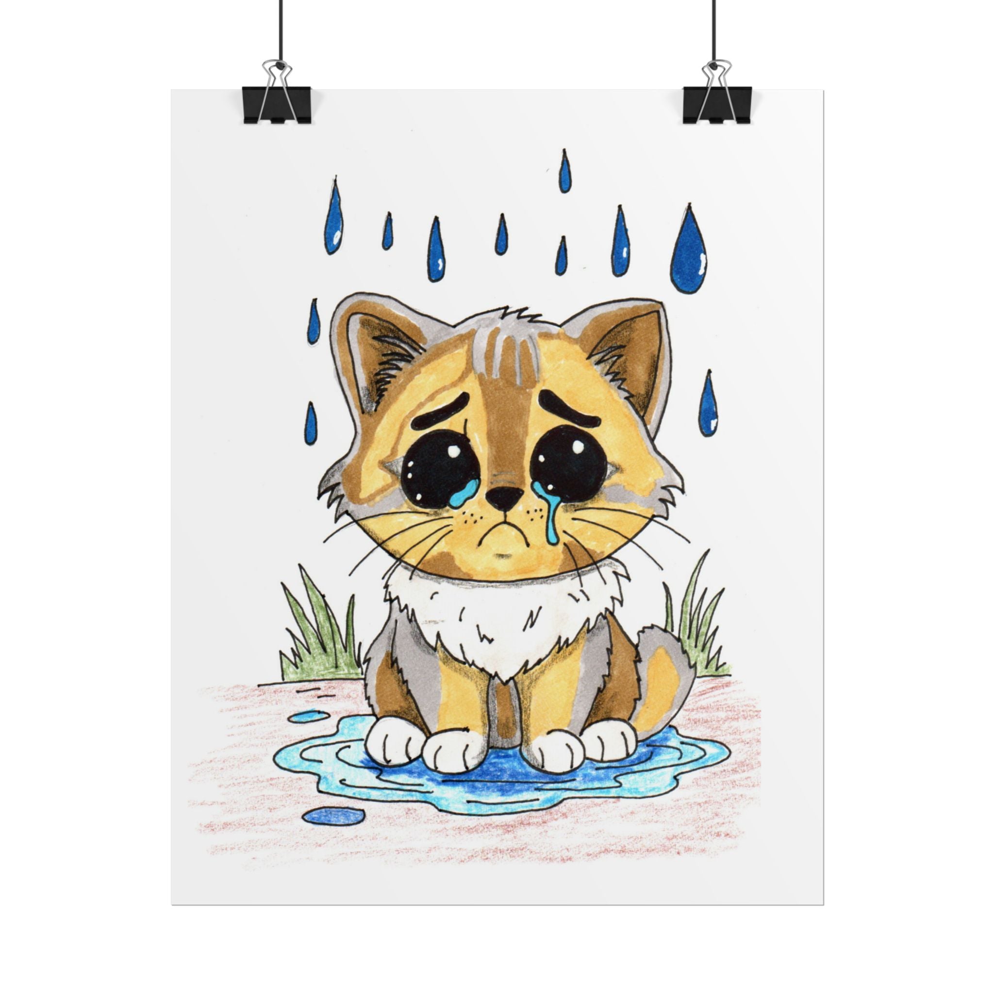 Sad Wet Calico Cat Print, Hand Drawn Kitten Wall Art, Rainy Day Cat Illustration, Nursery Decor, Animal Lover Gift