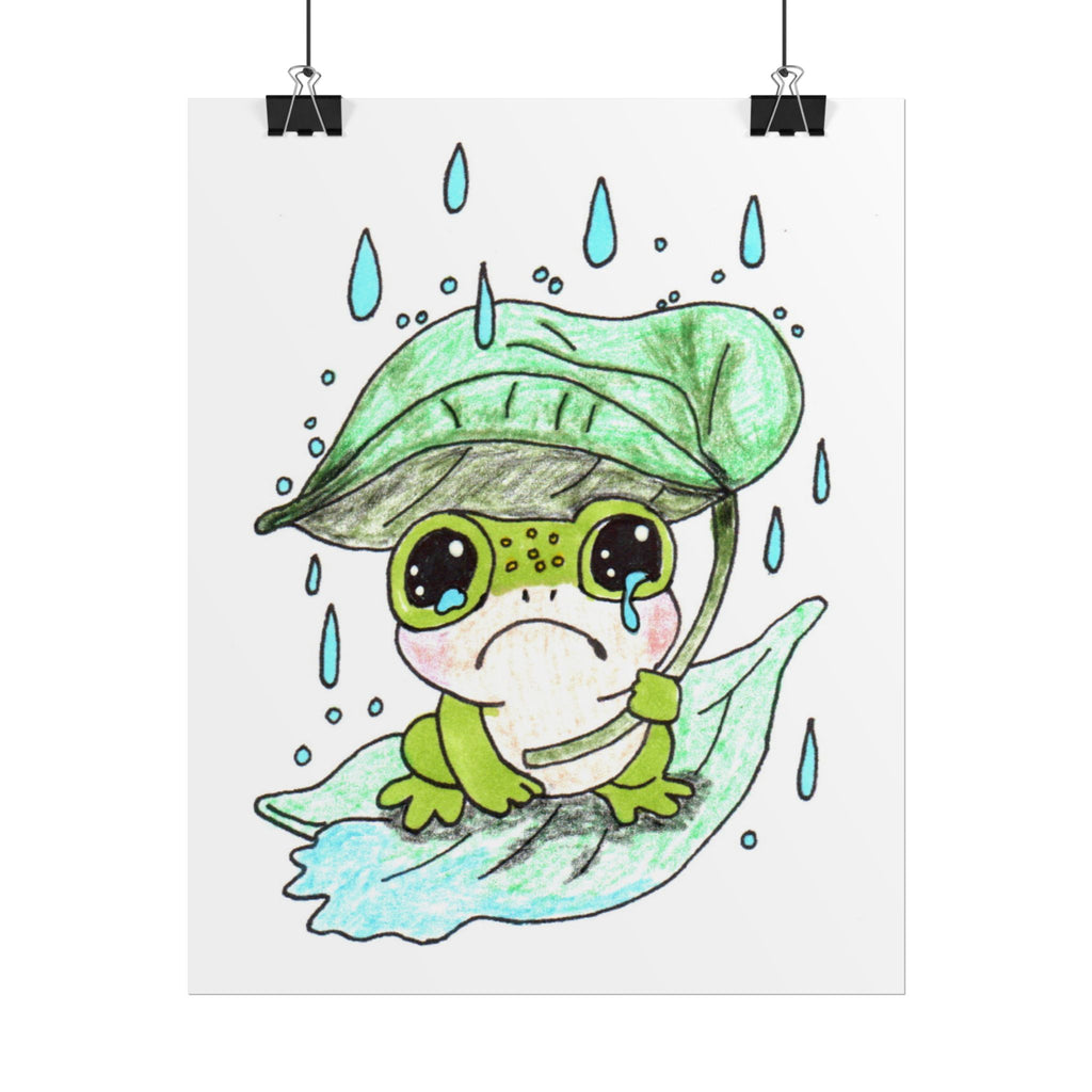 Sad Frog with Leaf Umbrella Print, Hand Drawn Frog Wall Art, Rainy Day Nursery Decor, Whimsical Frog Illustration