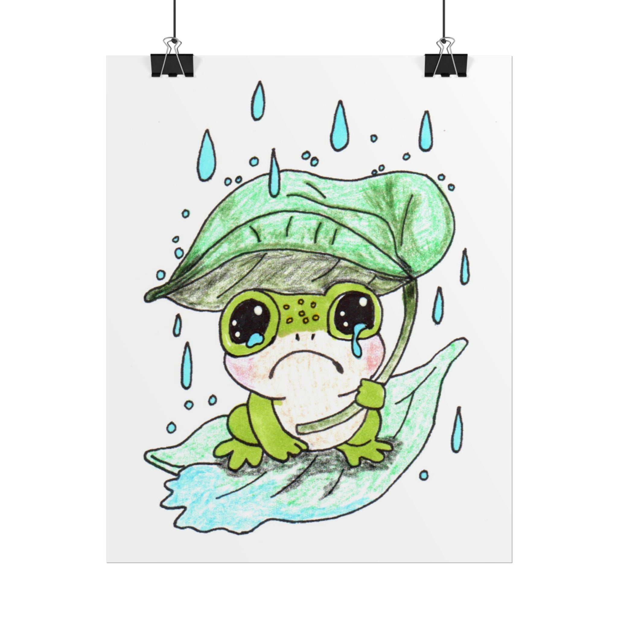 Sad Frog with Leaf Umbrella Print, Hand Drawn Frog Wall Art, Rainy Day Nursery Decor, Whimsical Frog Illustration