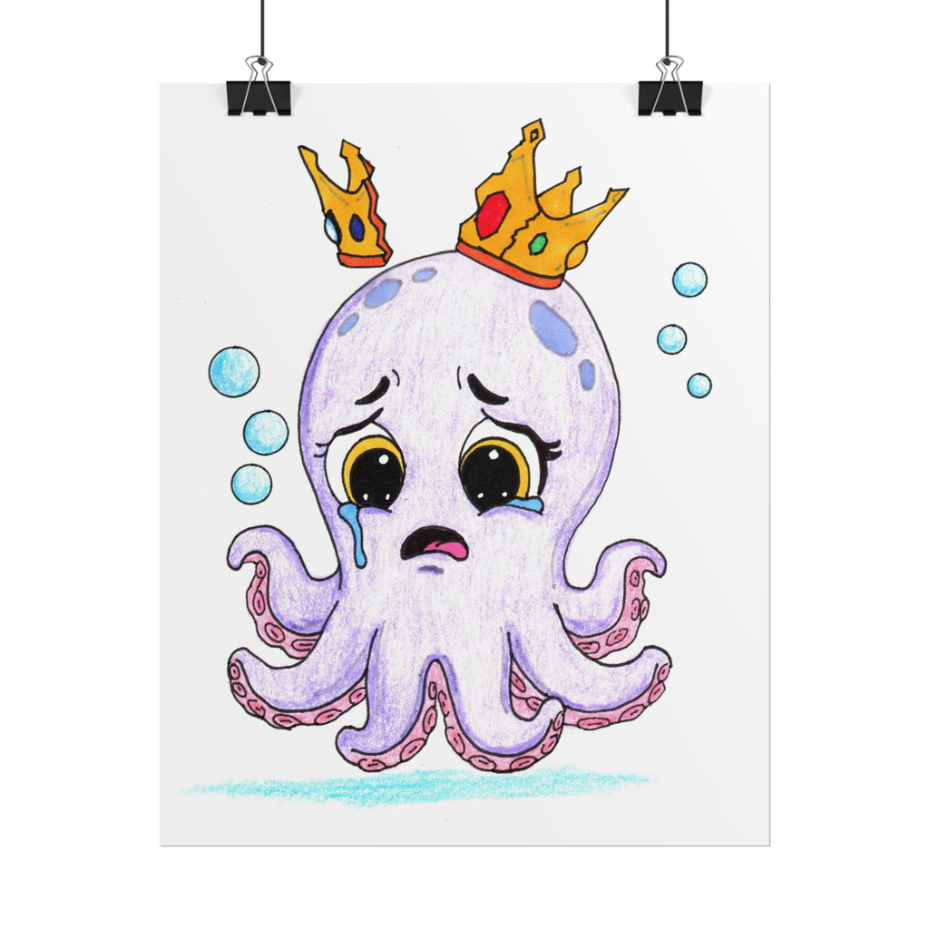 Sad Octopus Wall Art Print, Lost Her Crown, Cute Purple Octopus