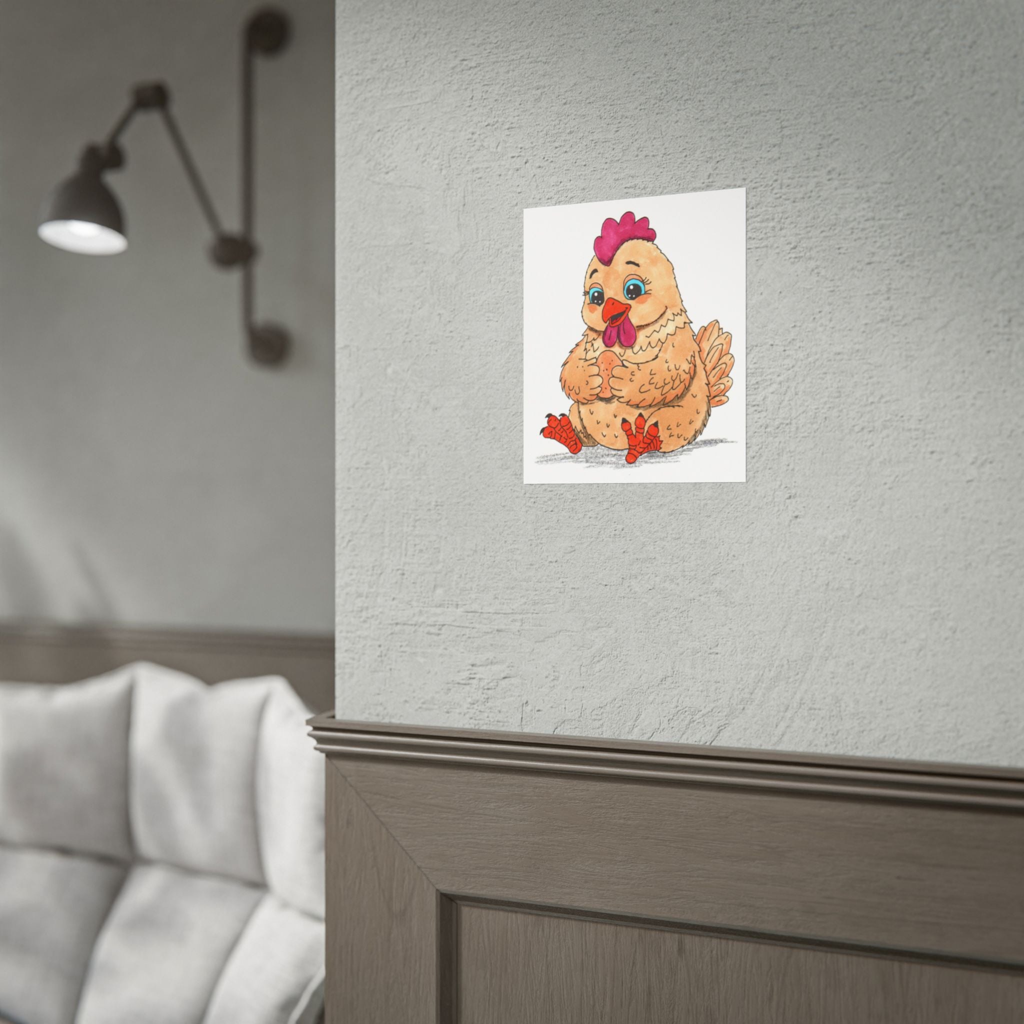 Hen Found Her Egg Print, Hand Drawn Chicken Wall Art, Farm Animal Nursery Decor, Happy Hen Illustration
