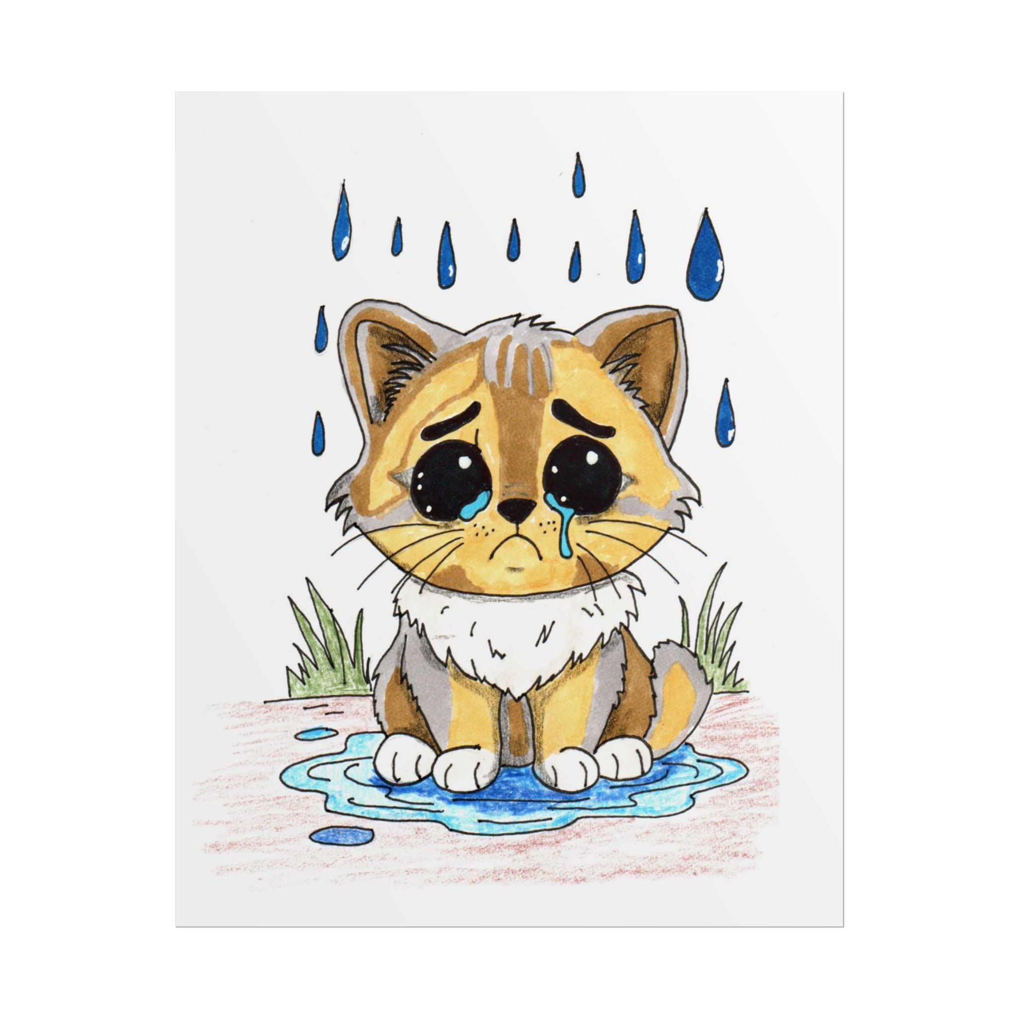 Sad Wet Calico Cat Print, Hand Drawn Kitten Wall Art, Rainy Day Cat Illustration, Nursery Decor, Animal Lover Gift