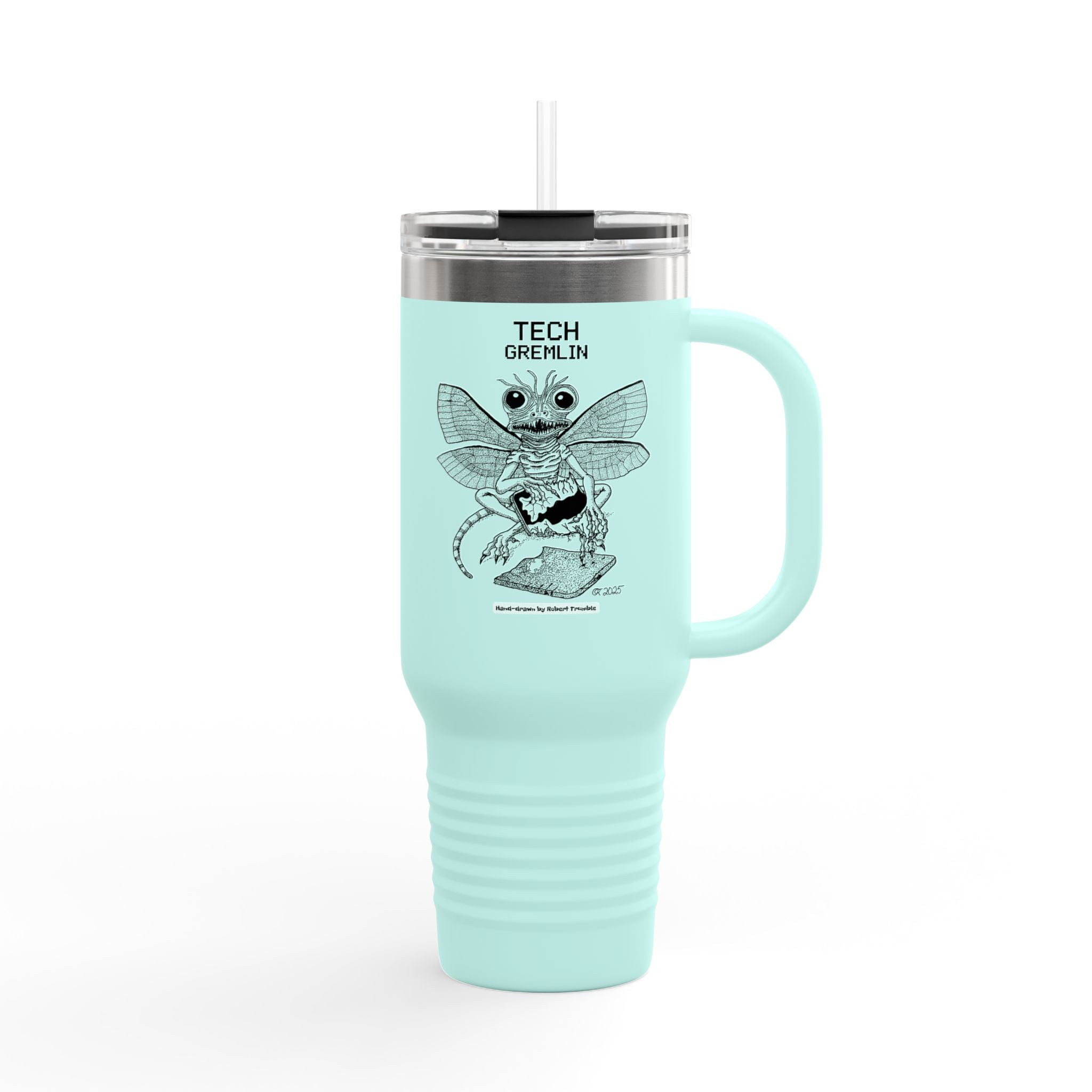 Tech Gremlin Travel Mug – Mischievous Fantasy Art by Robert Trumble