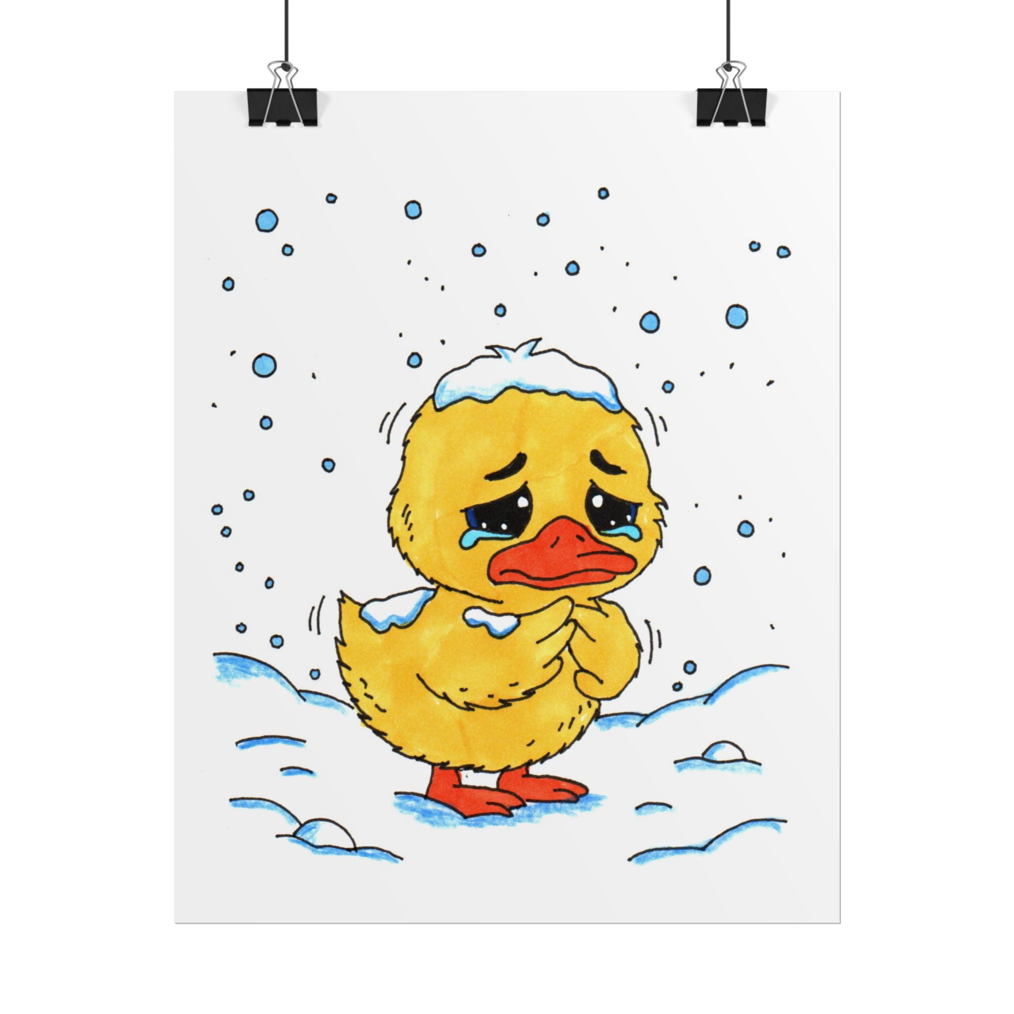 Cold Duckling in the Snow Print, Sad Winter Duck Wall Art, Hand Drawn Nursery Decor, Whimsical Animal Illustration