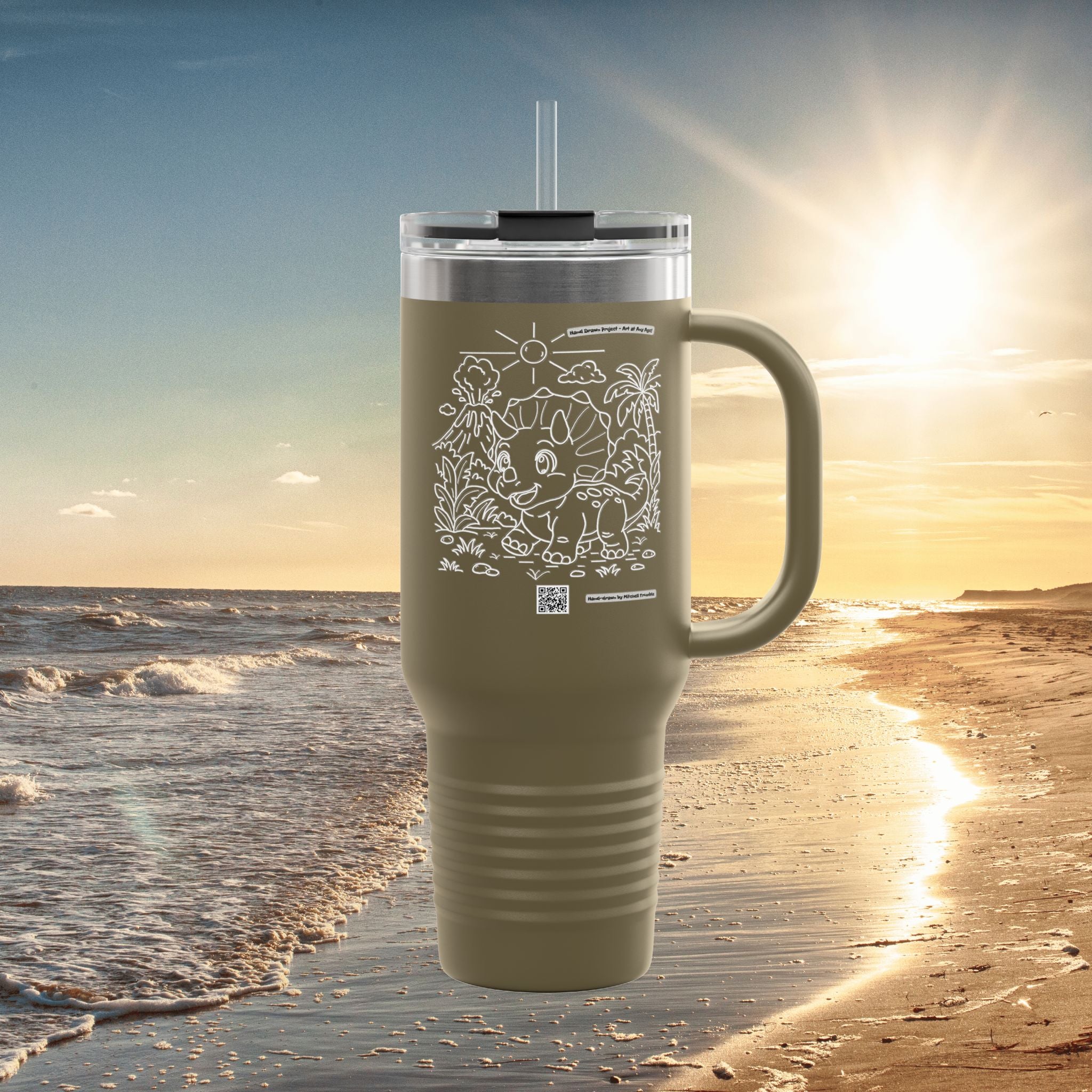 Triceratops Travel Mug | Hand-Drawn Dinosaur Art with QR Code | Fun Gift for Dino Fans