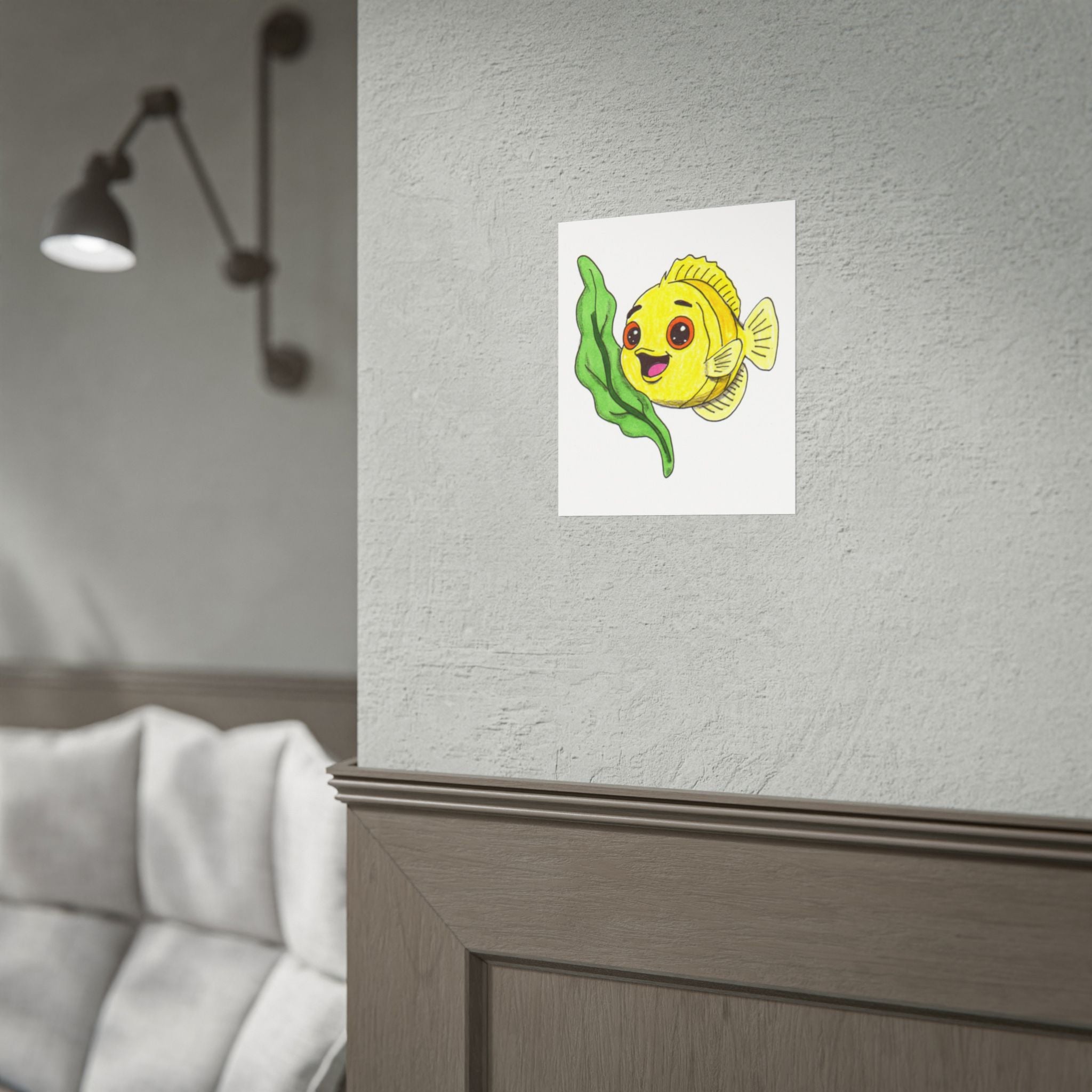 Happy Yellow Fish with Seaweed Print | Cute Hand Drawn Ocean Wall Art