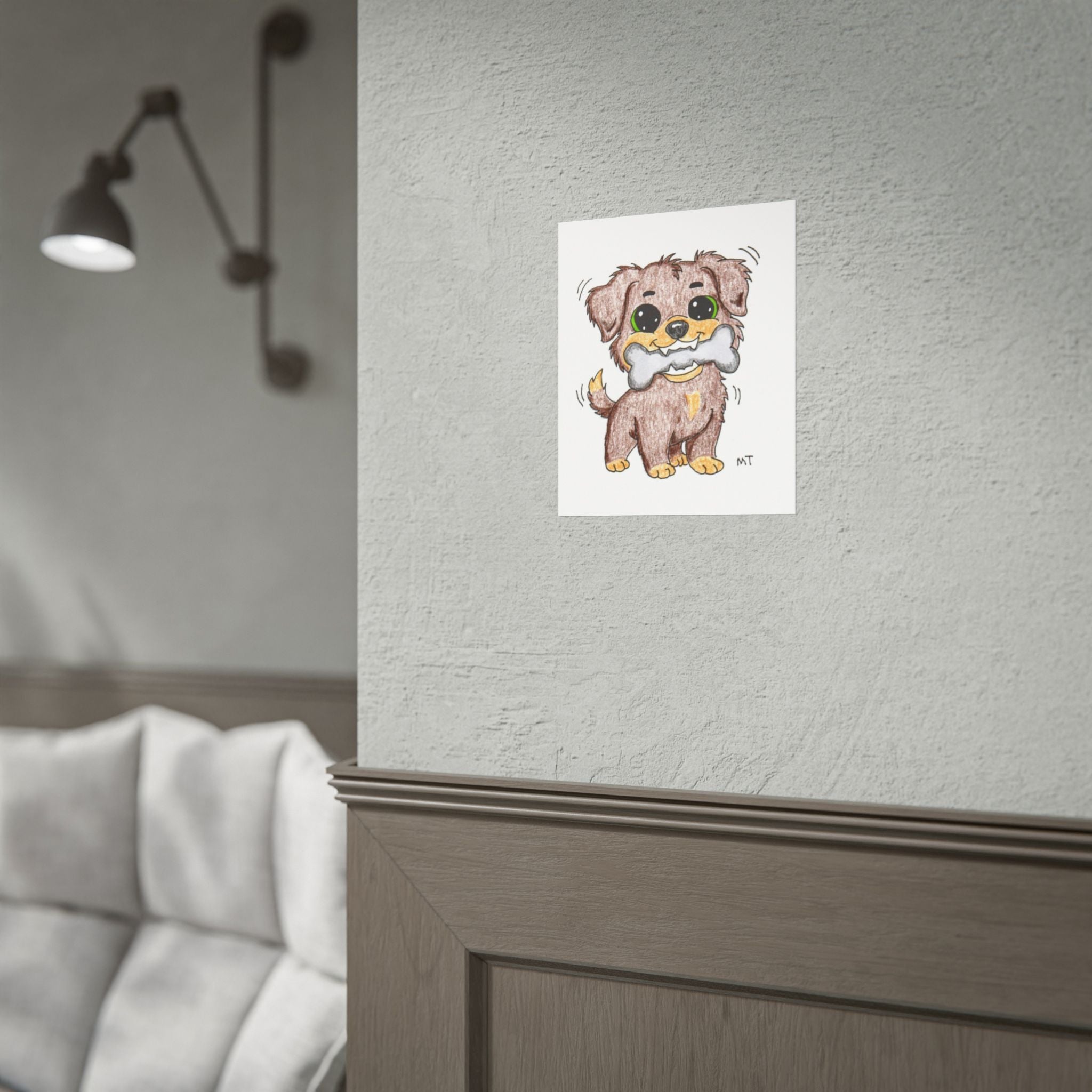Happy Puppy Found Bone Wall Art Print, Hand Drawn Dog Illustration