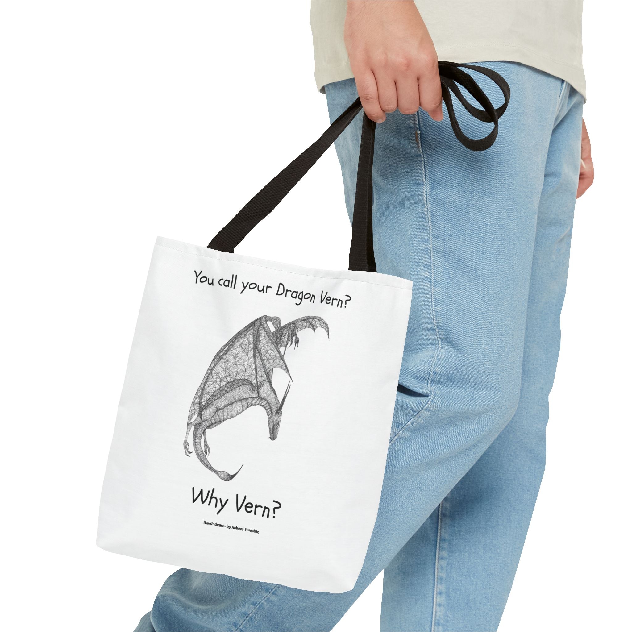 Wyvern Tote Bag | “You Call Your Dragon Vern?” | Hand-Drawn Fantasy Art by Robert Trumble | Reusable Cotton Bag for Dragon Fans