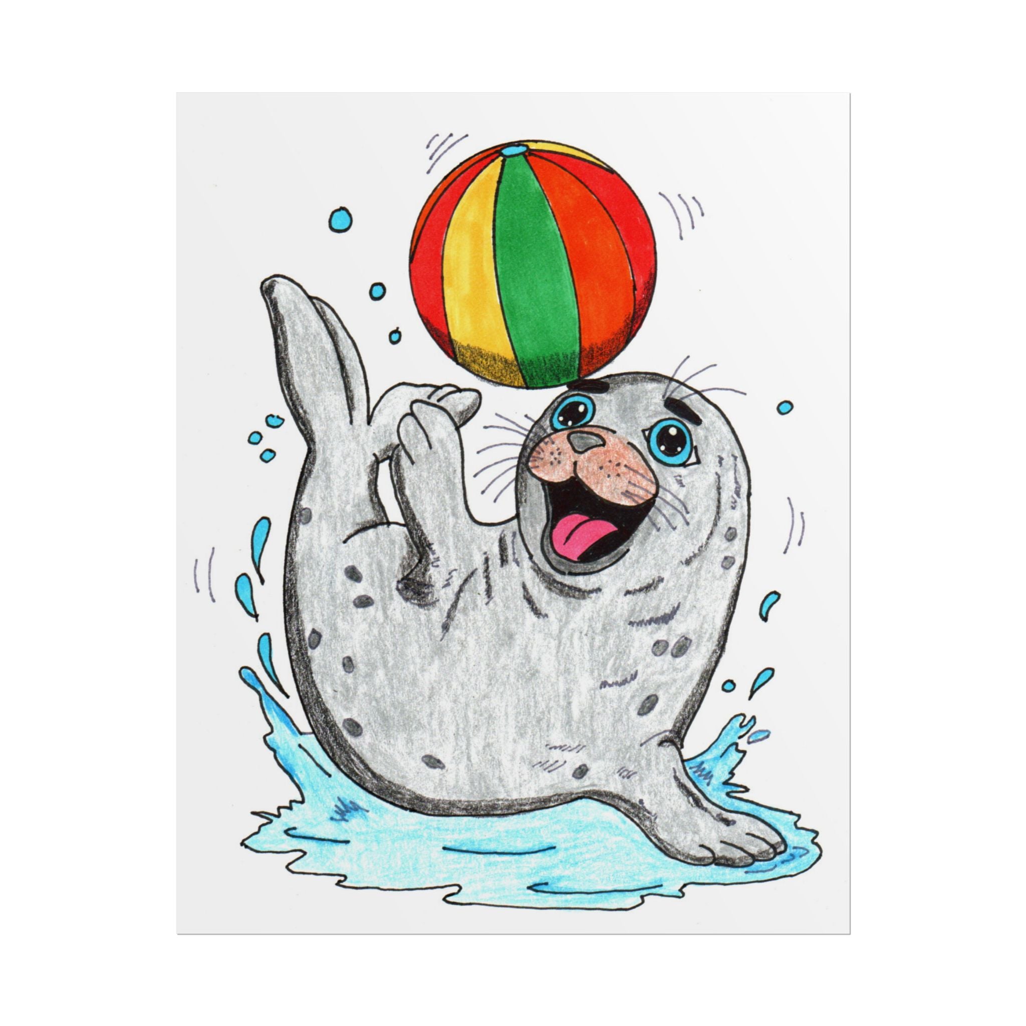 Seal Found Her Beach Ball Print | Hand Drawn Ocean Animal Wall Art | Happy Seal Illustration