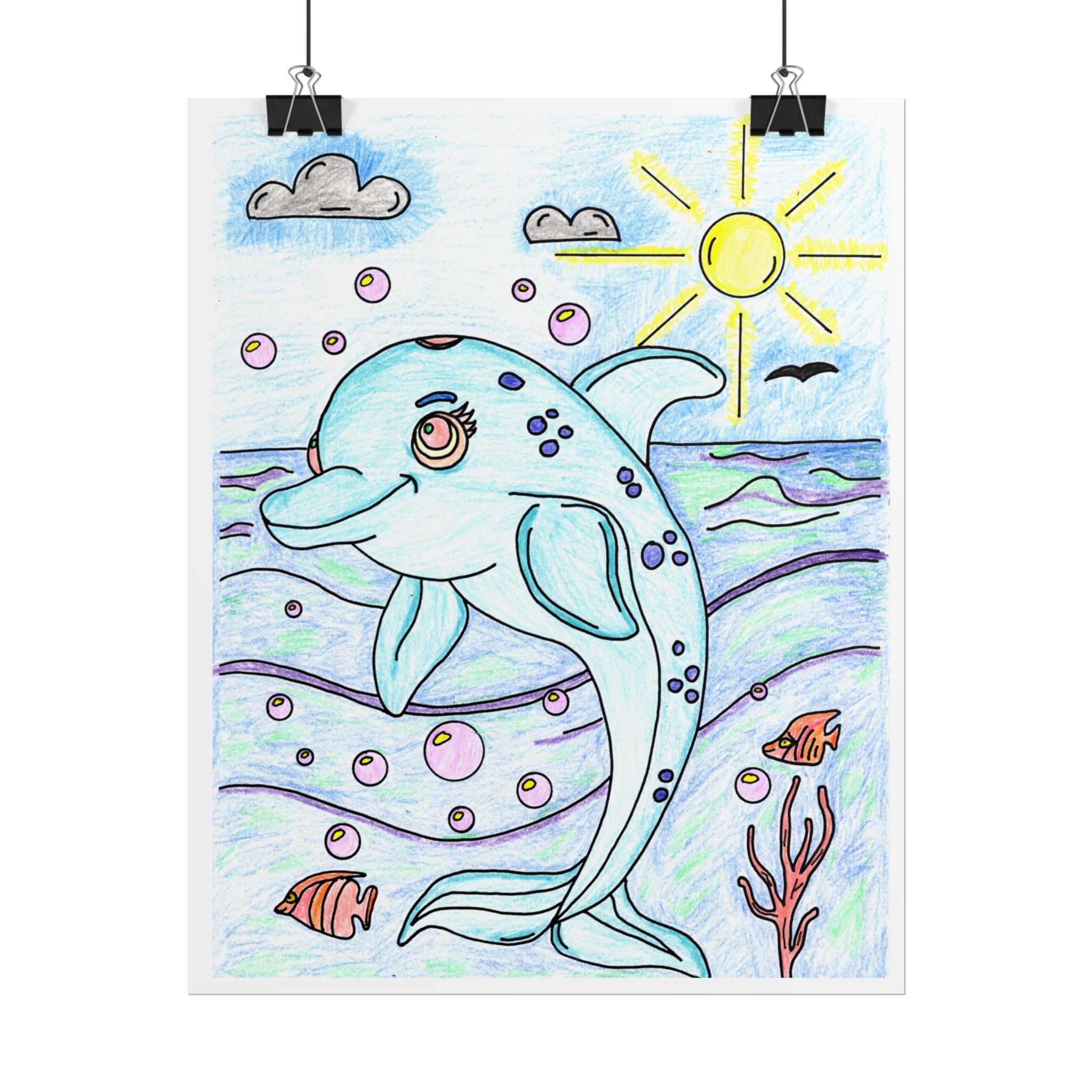 Happy Dolphin Ocean Print, Hand Drawn Sea Animal Wall Art, Cute Dolphin Illustration, Beach Nursery Decor, Children's Room Artwork