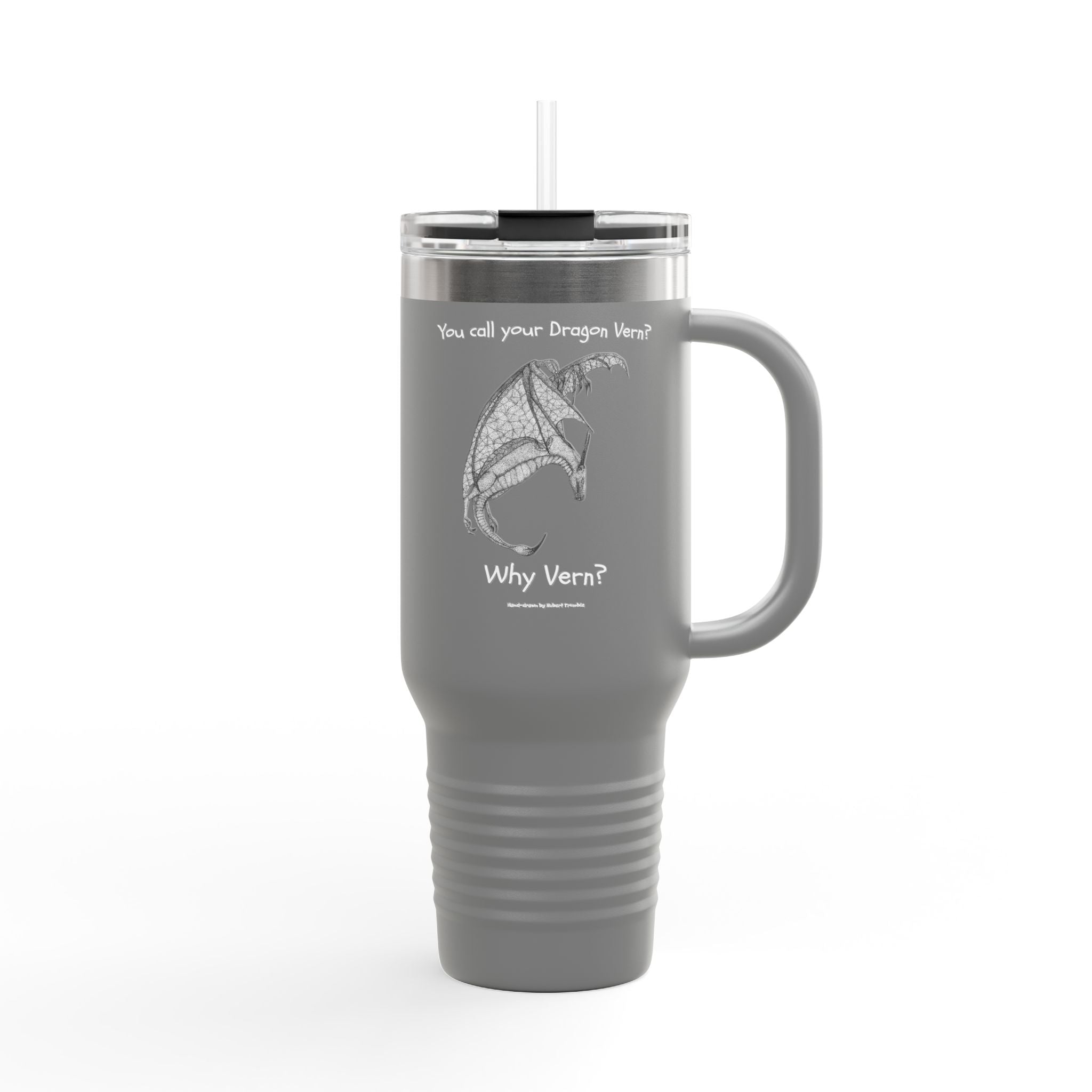 Wyvern Travel Mug | “You Call Your Dragon Vern?” | Hand-Drawn Fantasy Art by Robert Trumble