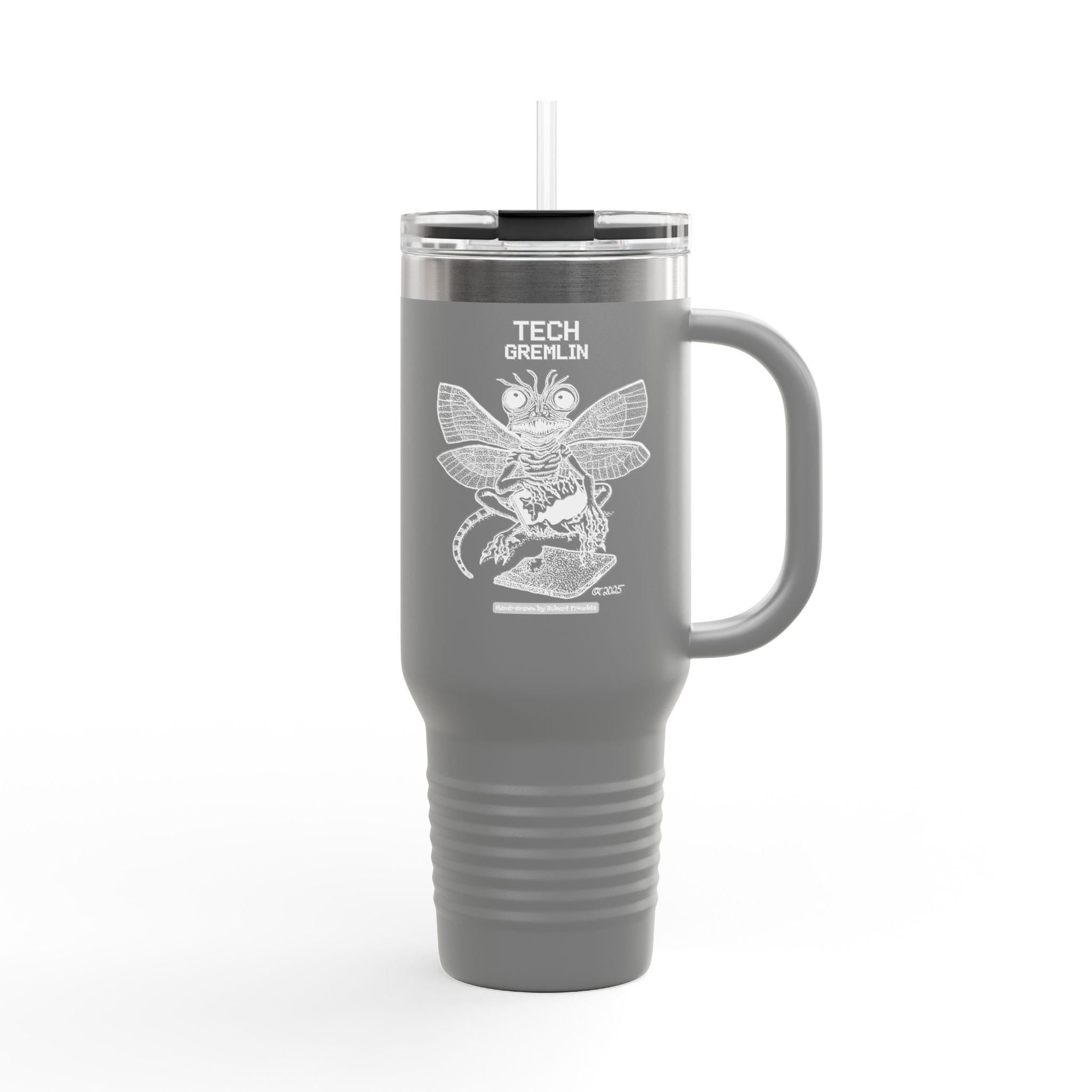 Tech Gremlin Travel Mug – Mischievous Fantasy Art by Robert Trumble