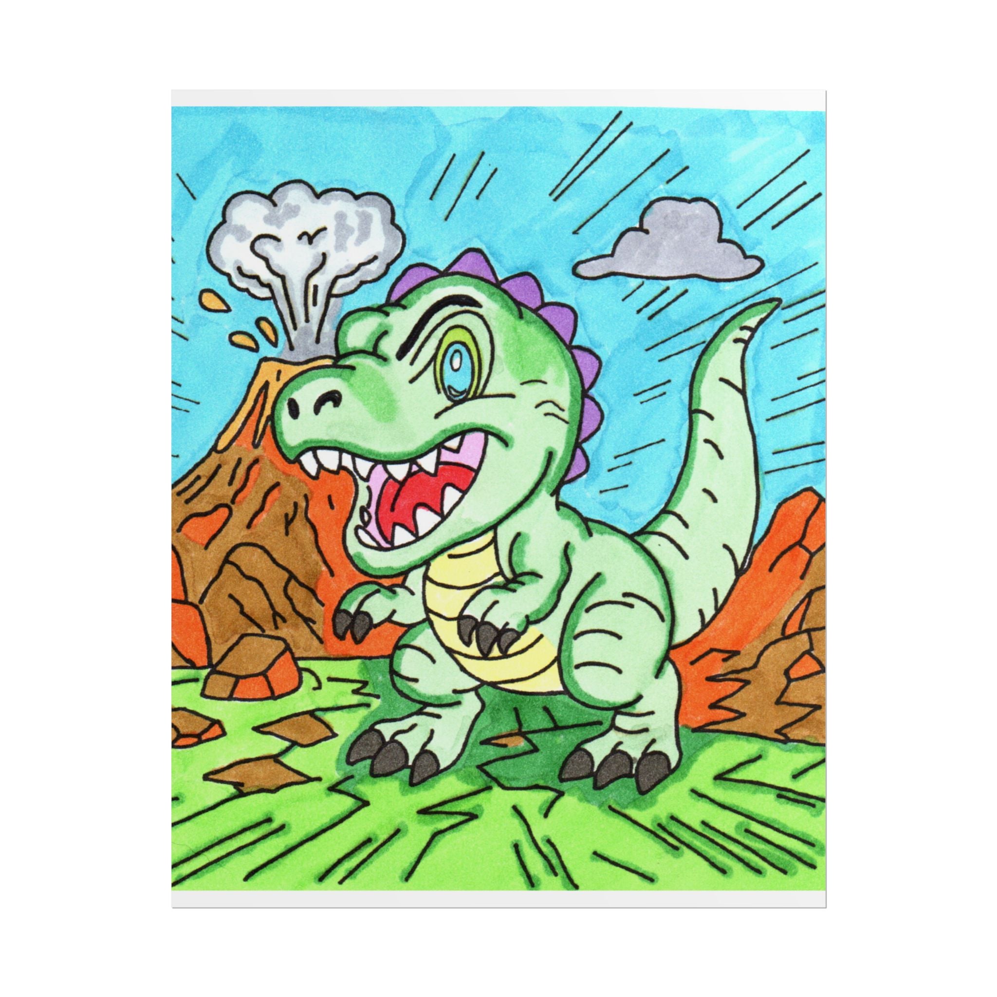 Cute T-Rex Volcano Print, Hand Drawn Dinosaur Wall Art, Dinosaur Nursery Decor, Kids Room Artwork, Colorful Dino Illustration