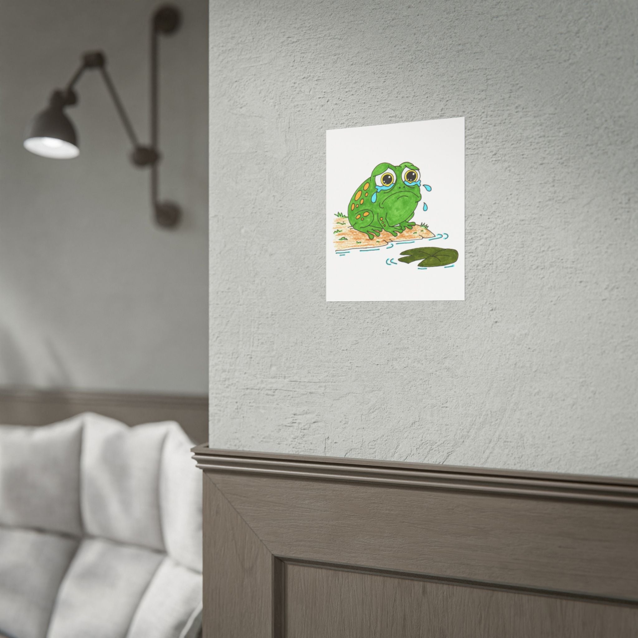 Lilly Pad Lost Frog Sad Wall Art - Hand Colored Sad Frog Illustration - Pond Animal Print - Nursery Decor - 8x10 Art Print