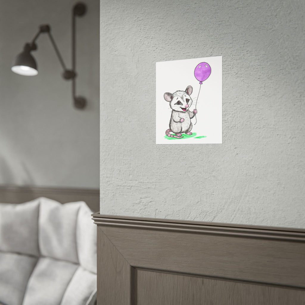 Opossum Found a Balloon Print | Hand Drawn Woodland Animal Wall Art