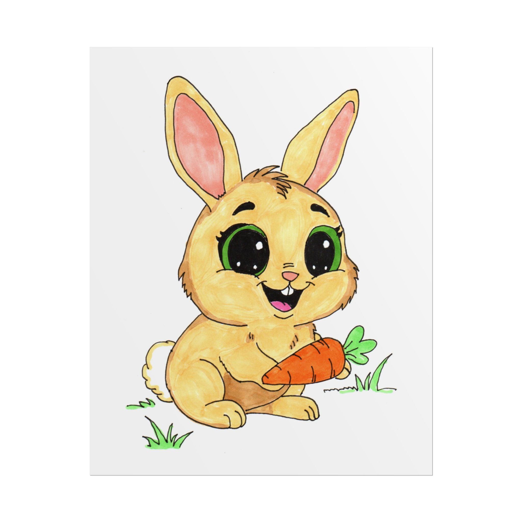 Happy Rabbit with Carrot Print, Cute Bunny Wall Art, Hand Drawn Nursery Decor
