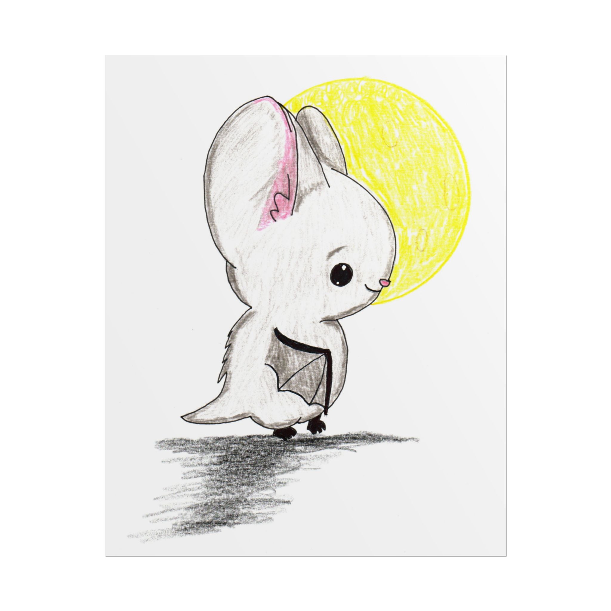 Bat in Moonlight Print, Cute Bat Wall Art, Hand Drawn Nursery Decor, Whimsical Animal Illustration