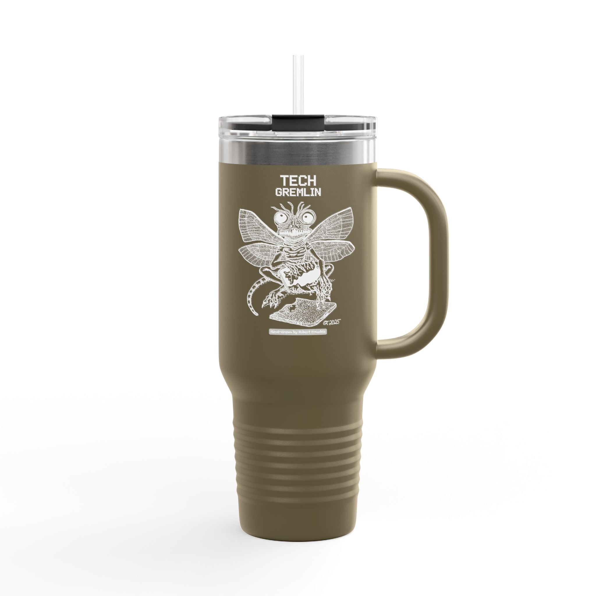 Tech Gremlin Travel Mug – Mischievous Fantasy Art by Robert Trumble