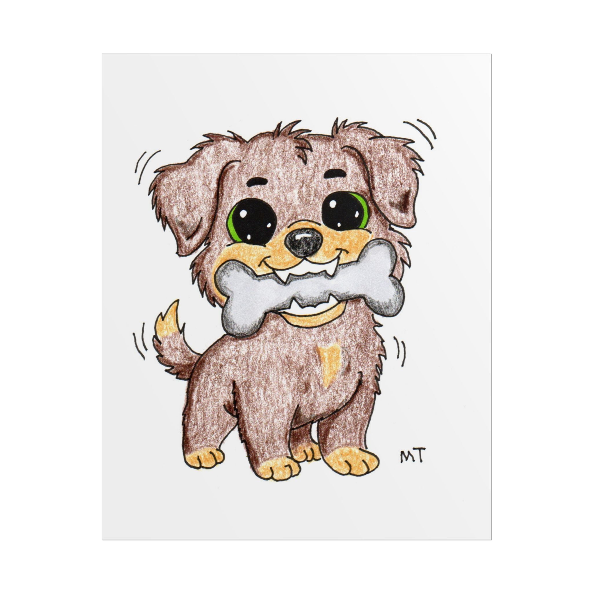 Happy Puppy Found Bone Wall Art Print, Hand Drawn Dog Illustration