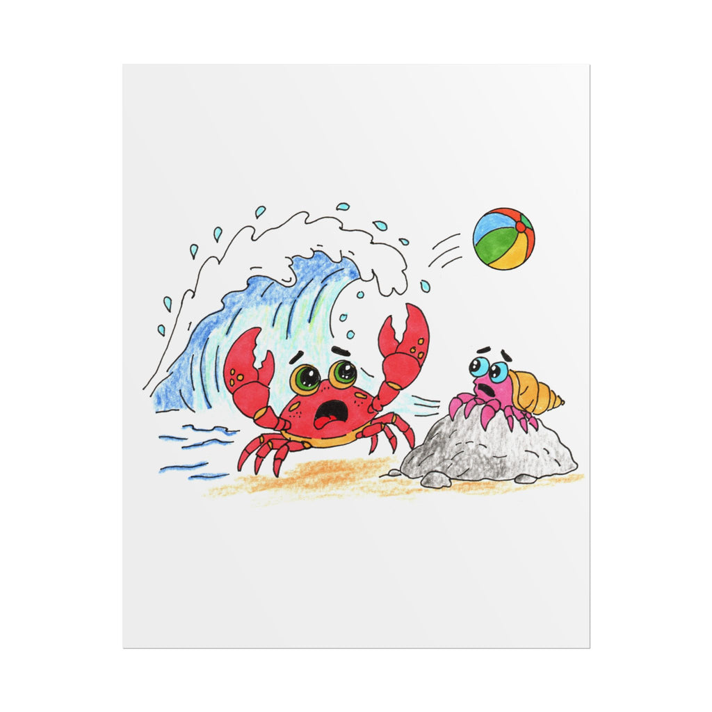 Crab - Big Wave Beach Print, Hand Drawn Crab Wall Art, Ocean Adventure Illustration, Coastal Nursery Decor